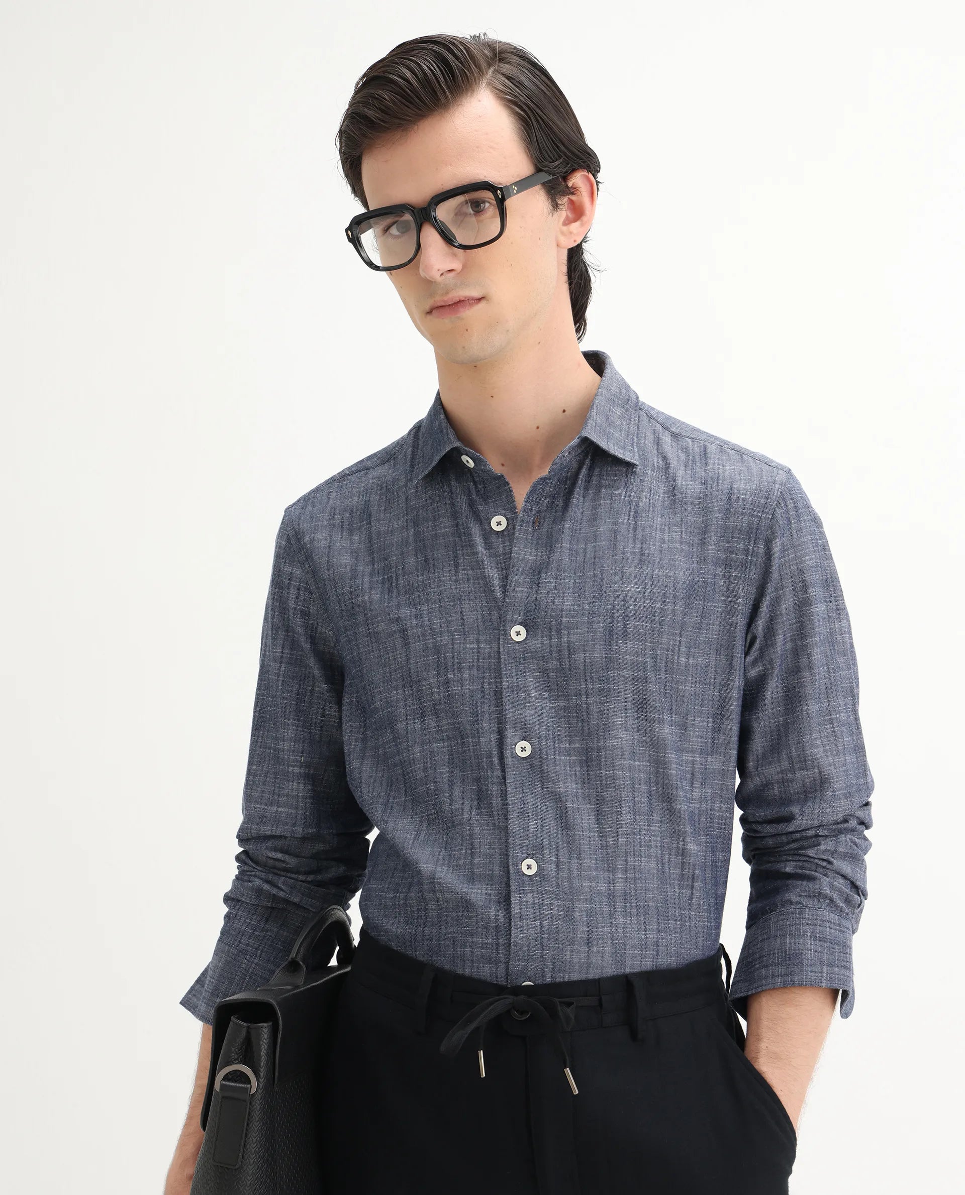 Rare Rabbit Men's Slub Dark Blue Cotton Plain Regular Fit Full Sleeve Collared Shirt