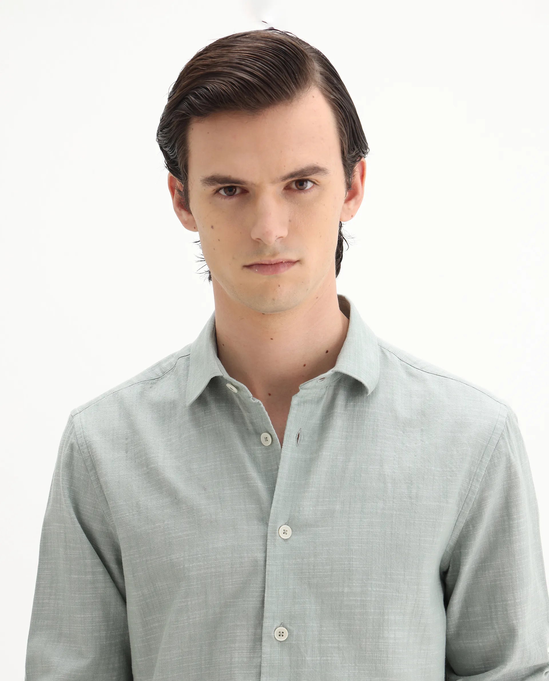 Rare Rabbit Men's Slub Sage Cotton Plain Regular Fit Full Sleeve Collared Shirt