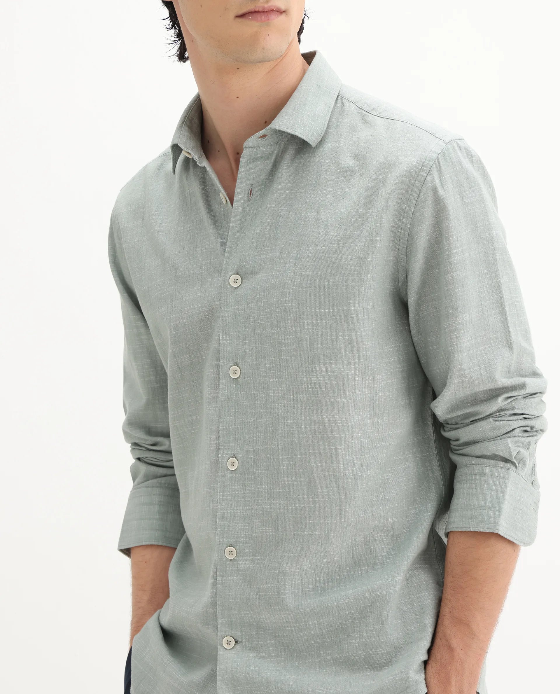 Rare Rabbit Men's Slub Sage Cotton Plain Regular Fit Full Sleeve Collared Shirt