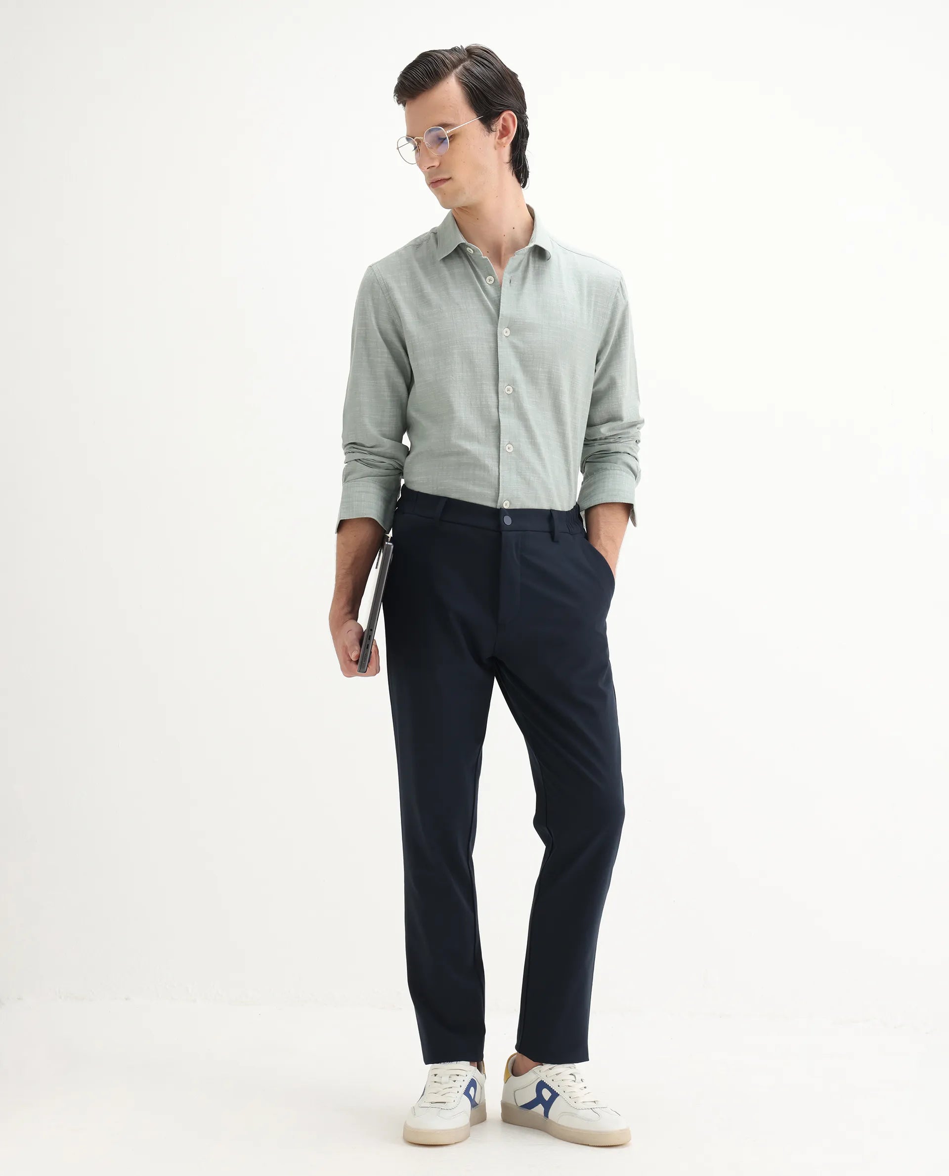 Rare Rabbit Men's Slub Sage Cotton Plain Regular Fit Full Sleeve Collared Shirt