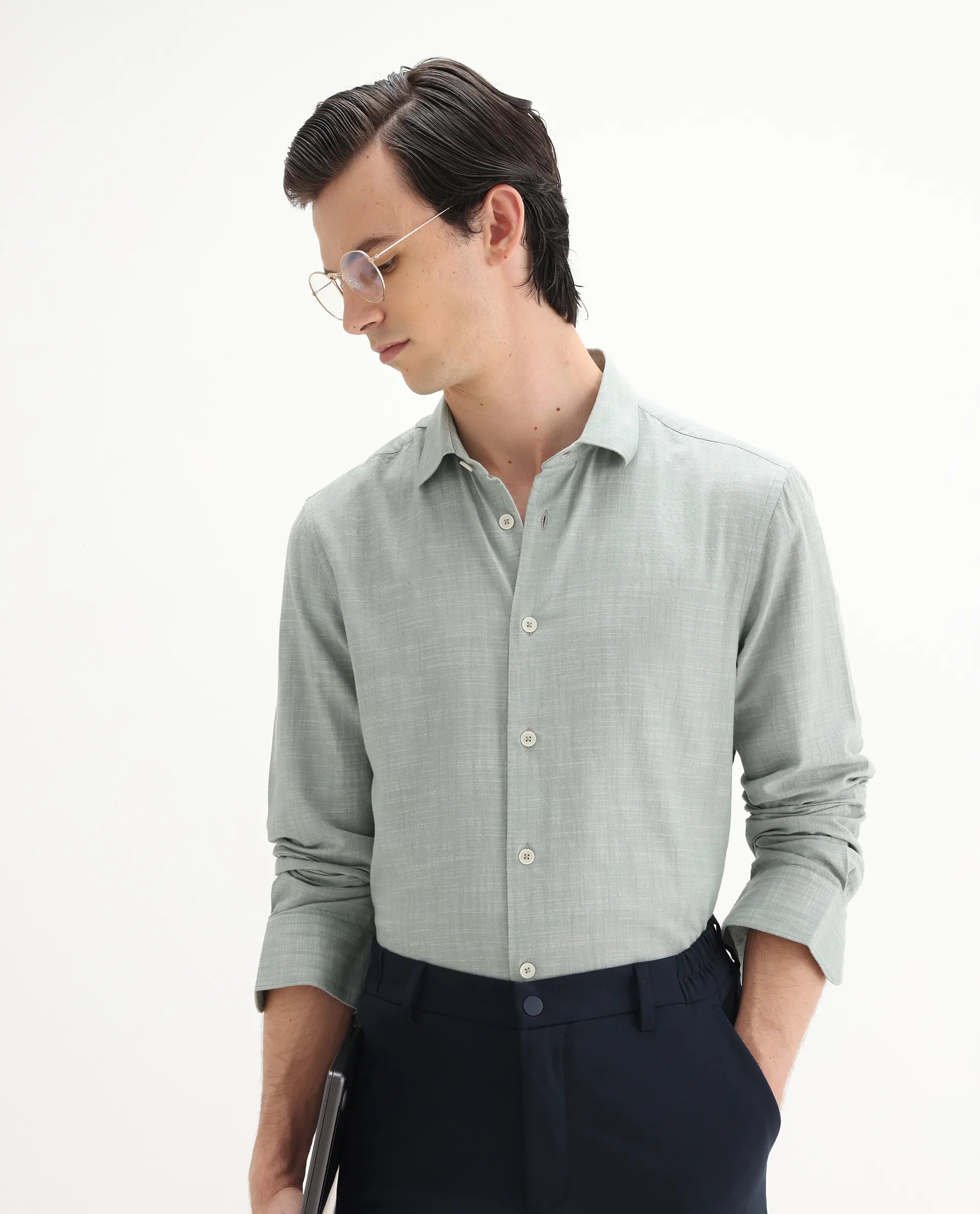 Rare Rabbit Men's Slub Sage Cotton Plain Regular Fit Full Sleeve Collared Shirt