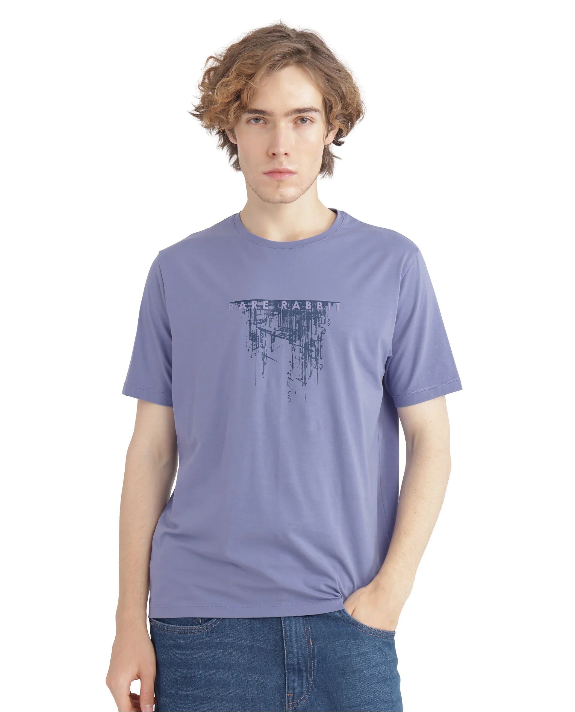 Rare Rabbit Men Slyn Pastel Purple Cotton Blend Fabric Short Sleeve Crew Neck HD Print T-Shirt
