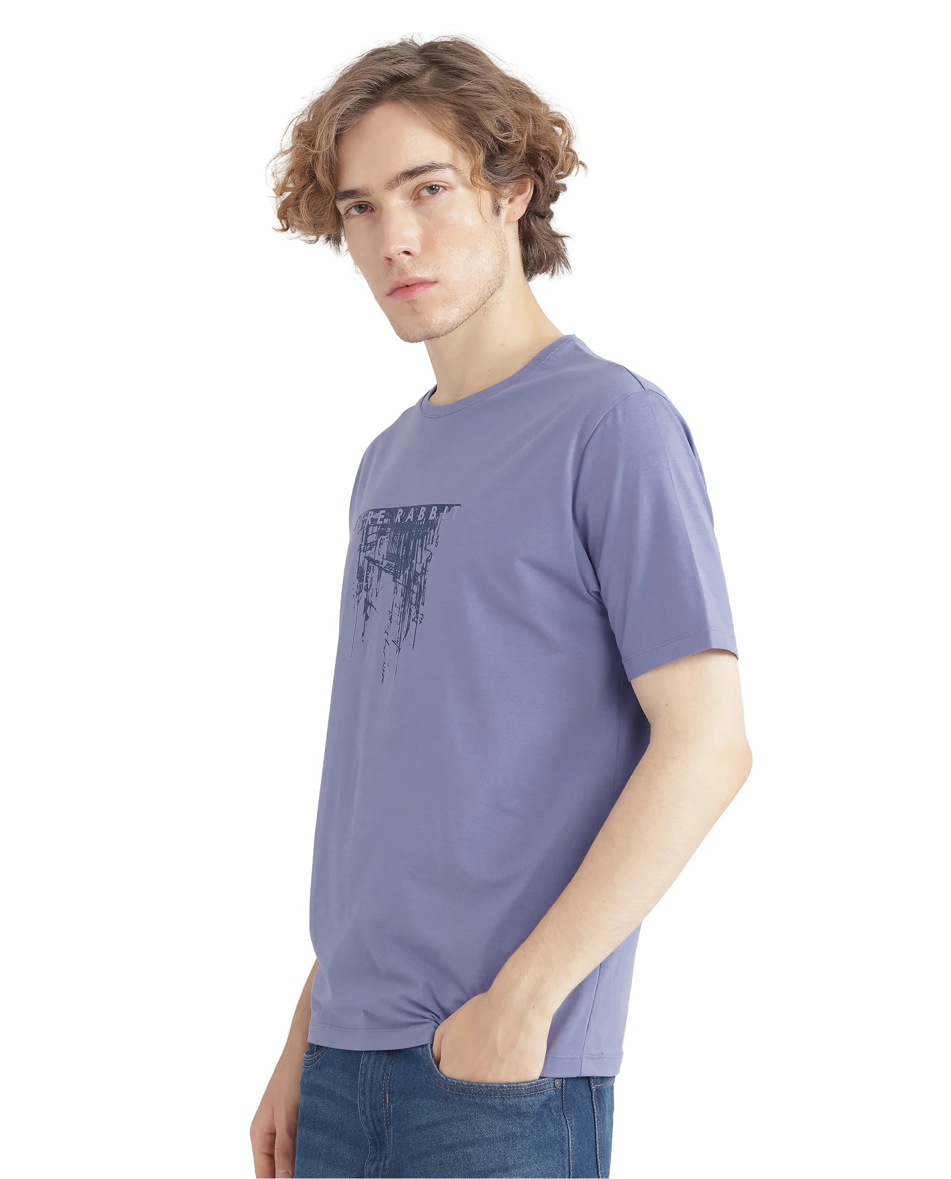 Rare Rabbit Men Slyn Pastel Purple Cotton Blend Fabric Short Sleeve Crew Neck HD Print T-Shirt