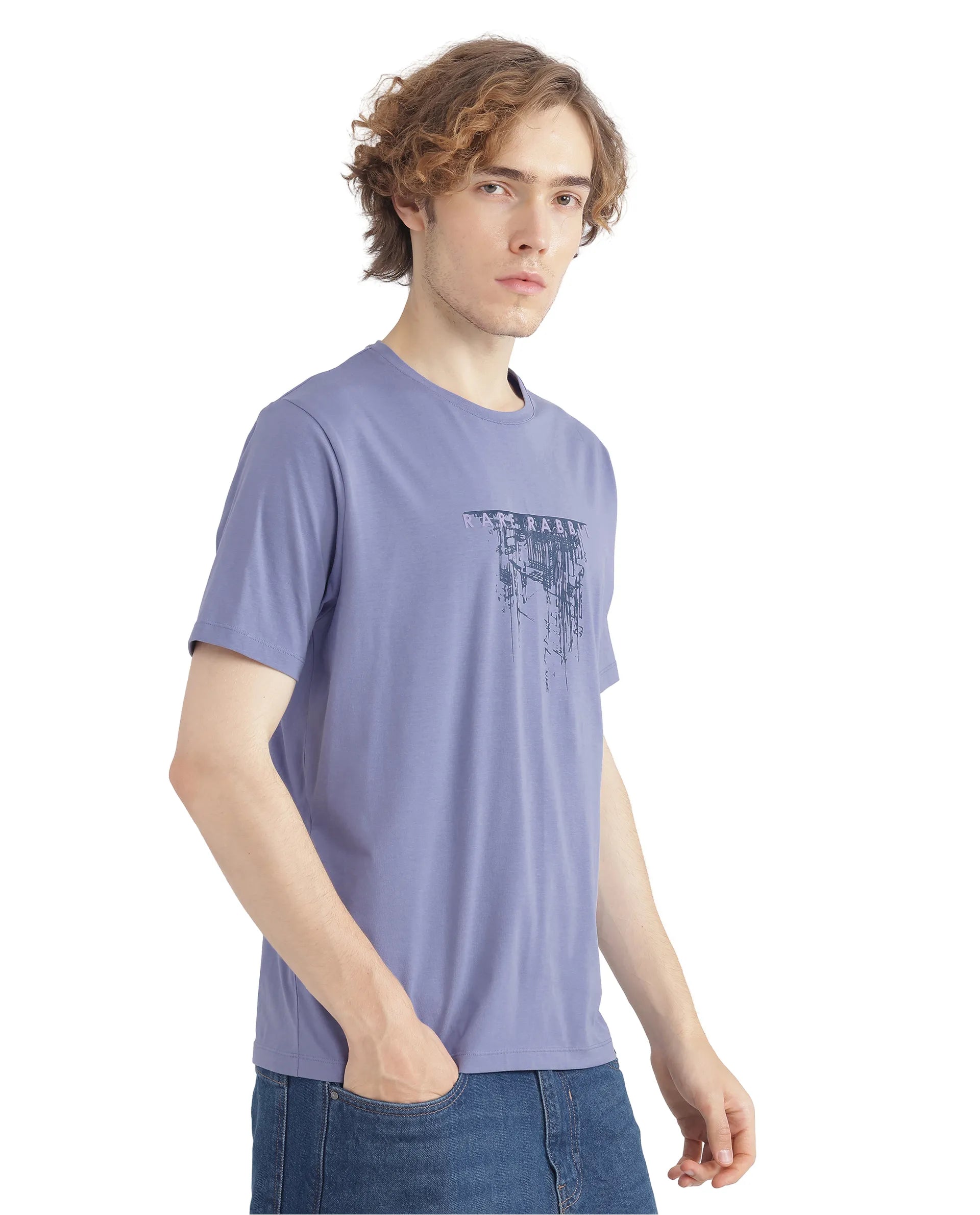 Rare Rabbit Men Slyn Pastel Purple Cotton Blend Fabric Short Sleeve Crew Neck HD Print T-Shirt