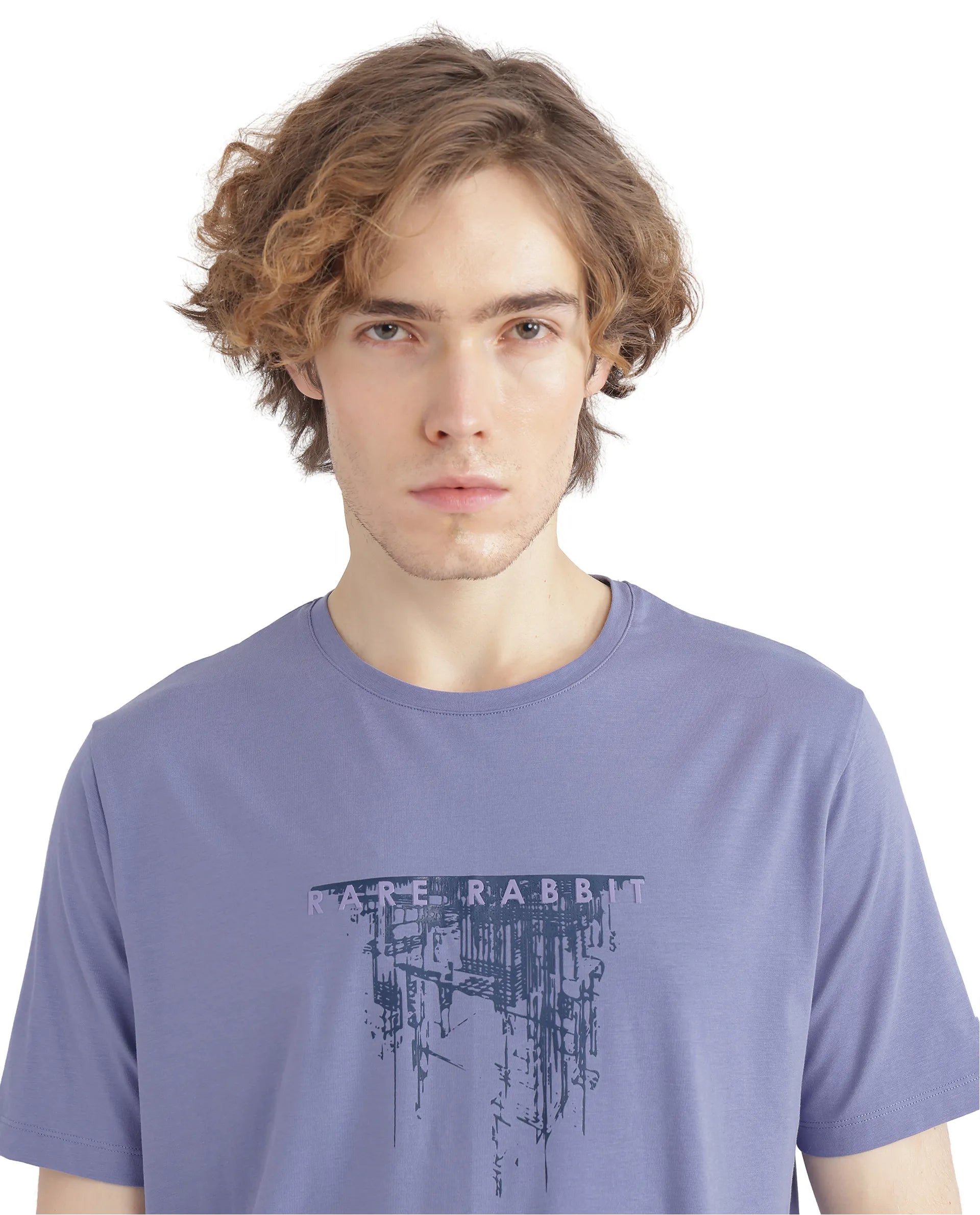 Rare Rabbit Men Slyn Pastel Purple Cotton Blend Fabric Short Sleeve Crew Neck HD Print T-Shirt