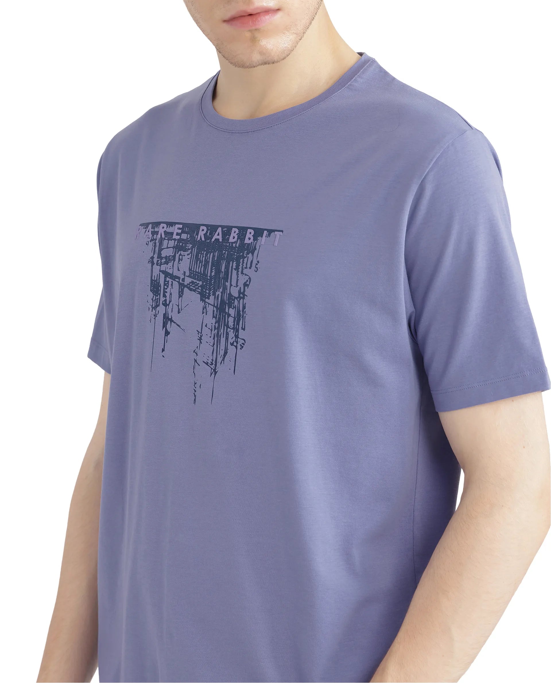 Rare Rabbit Men Slyn Pastel Purple Cotton Blend Fabric Short Sleeve Crew Neck HD Print T-Shirt