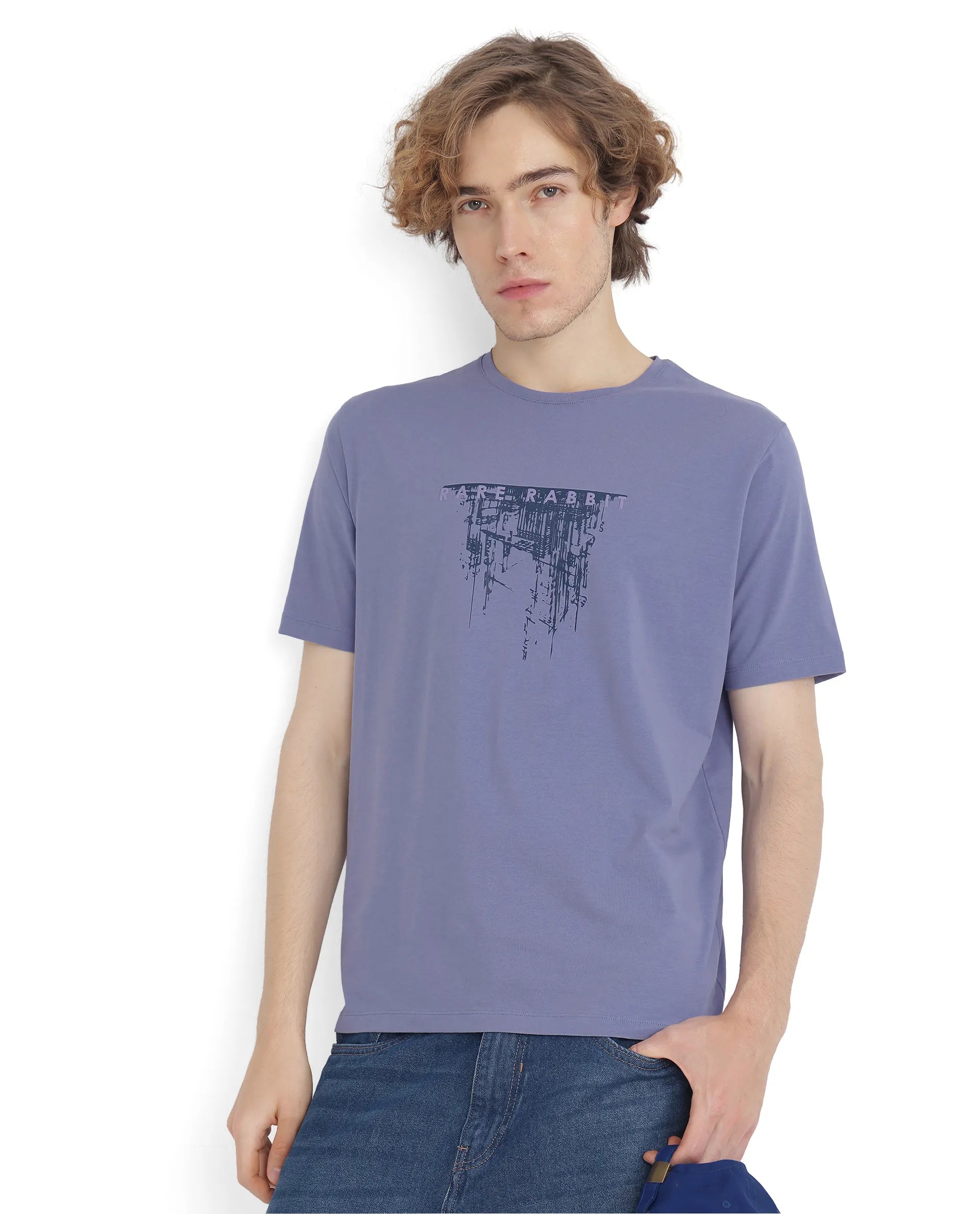 Rare Rabbit Men Slyn Pastel Purple Cotton Blend Fabric Short Sleeve Crew Neck HD Print T-Shirt