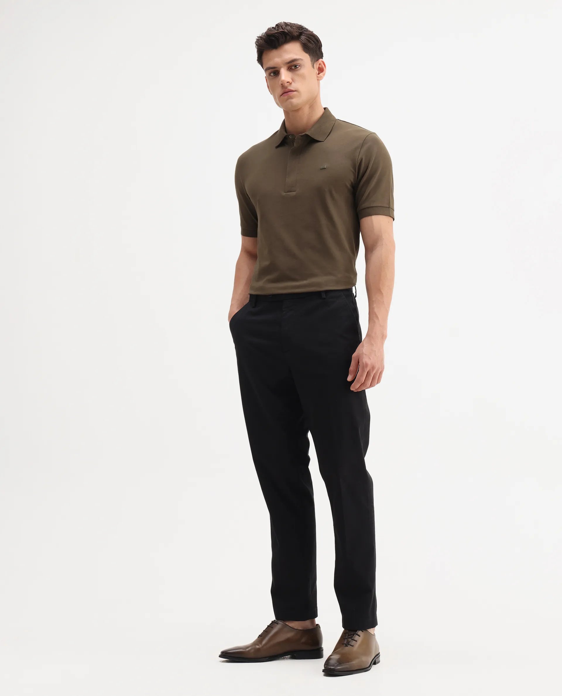 Rare Rabbit Men's Smart Black Cotton Blend Plain Regular Fit Trouser