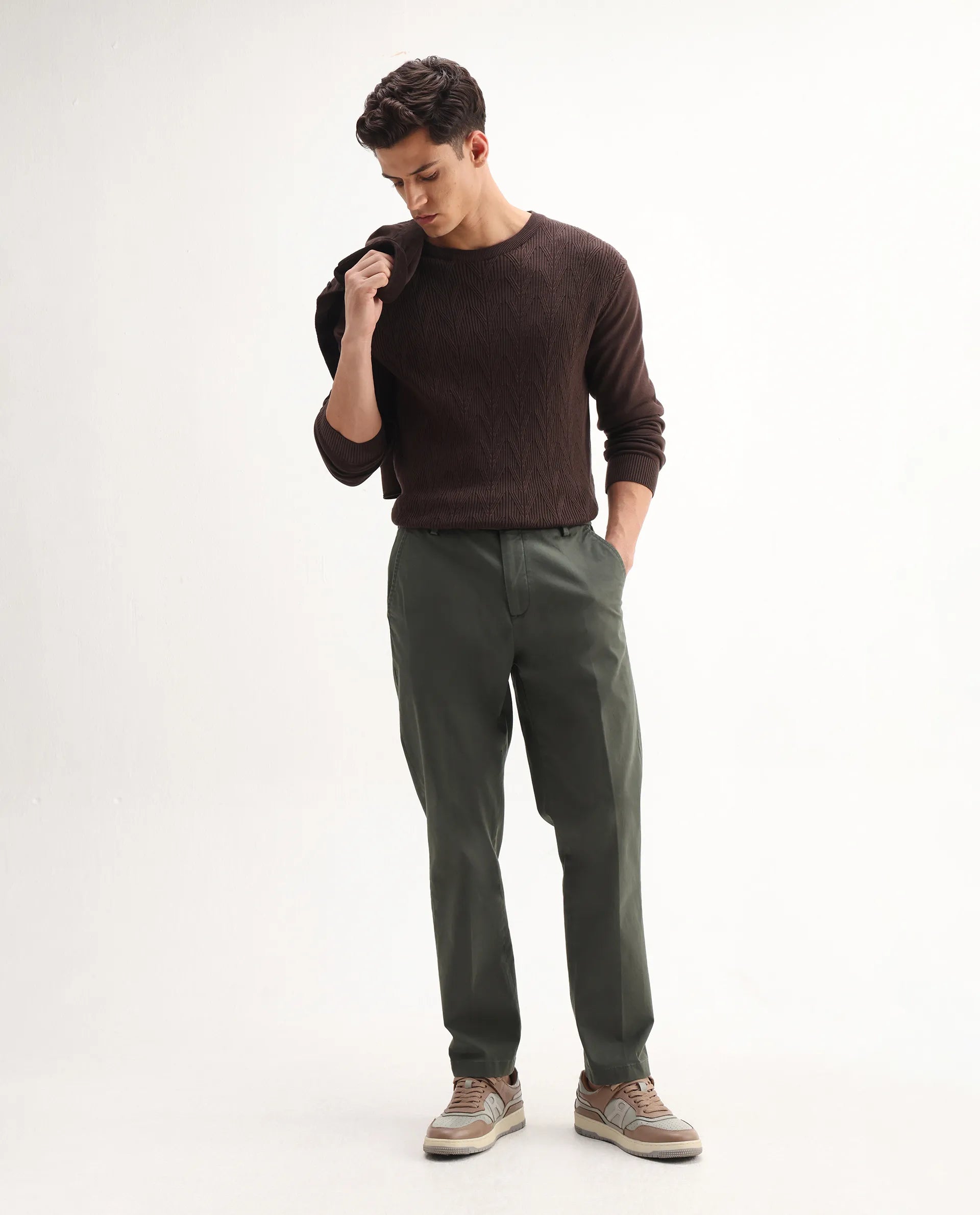 Rare Rabbit Men's Smart Dusky Green Cotton Blend Plain Regular Fit Trouser