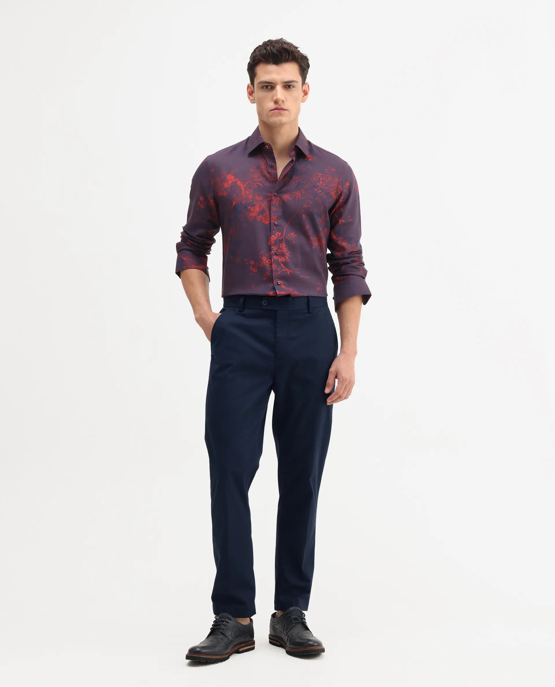 Rare Rabbit Men's Smart Navy Cotton Blend Plain Regular Fit Trouser