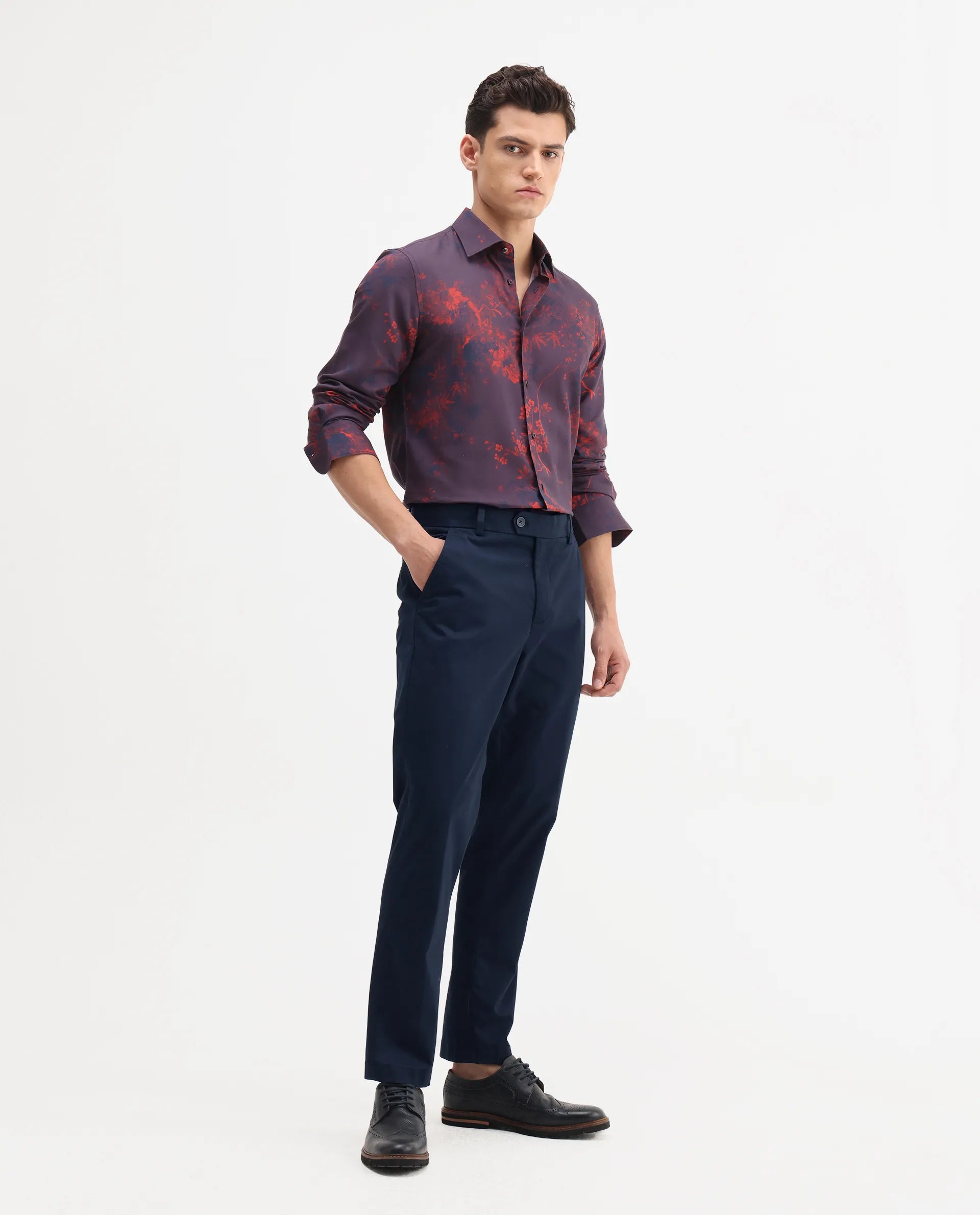 Rare Rabbit Men's Smart Navy Cotton Blend Plain Regular Fit Trouser