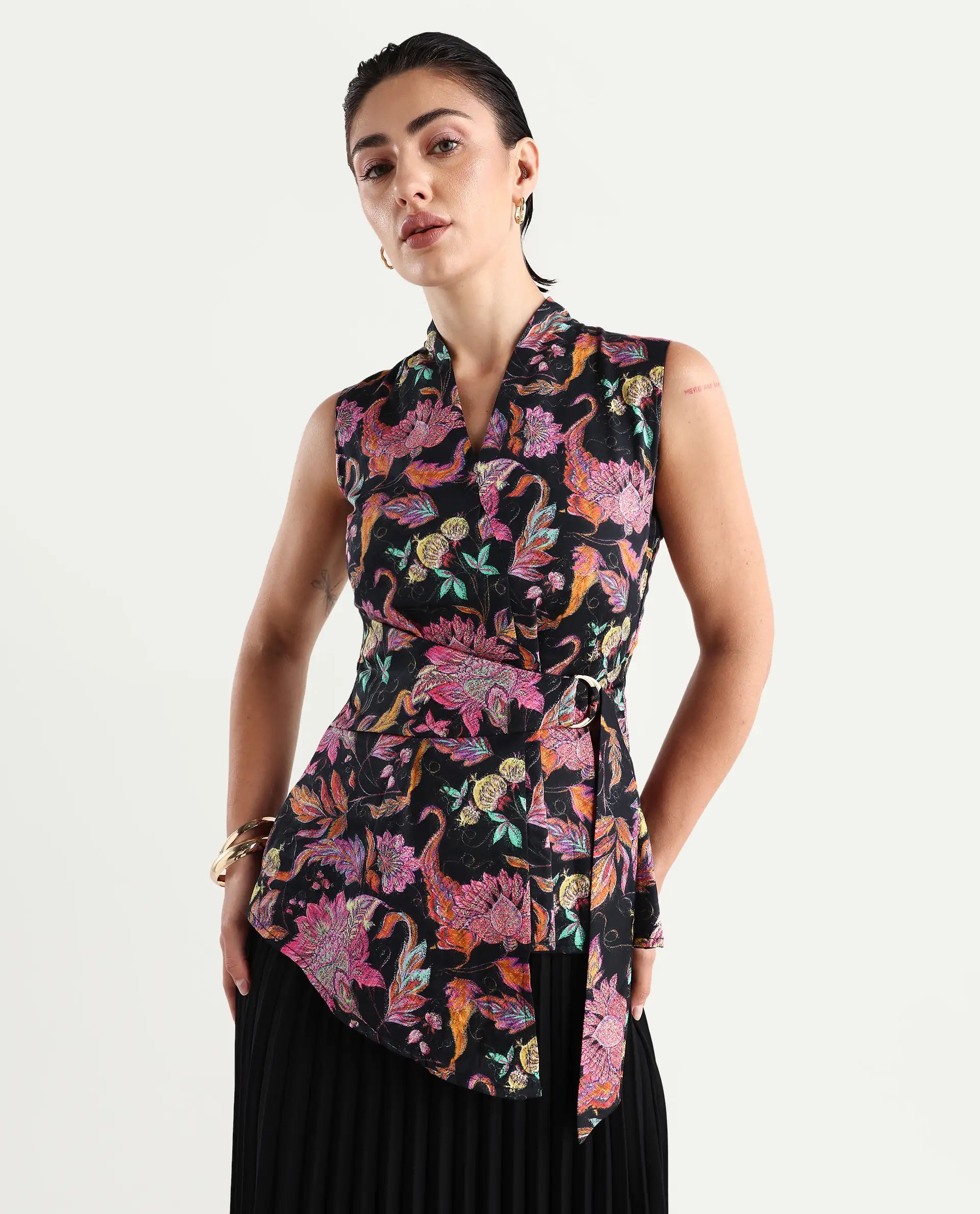 Rareism Women's Smitterg Dark Multi Cotton Blend Surplice Neck Abstract Print Sleeveless Regular Fit Top