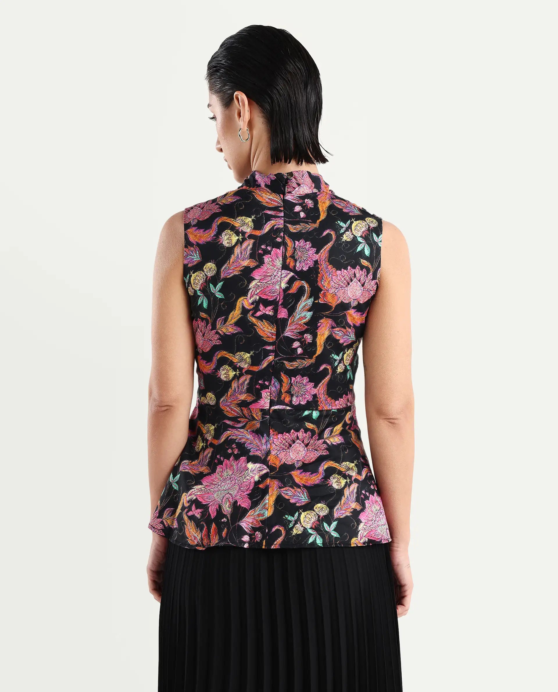 Rareism Women's Smitterg Dark Multi Cotton Blend Surplice Neck Abstract Print Sleeveless Regular Fit Top