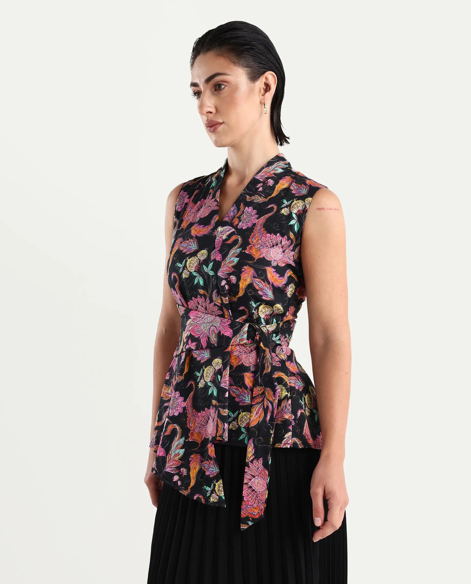 Rareism Women's Smitterg Dark Multi Cotton Blend Surplice Neck Abstract Print Sleeveless Regular Fit Top