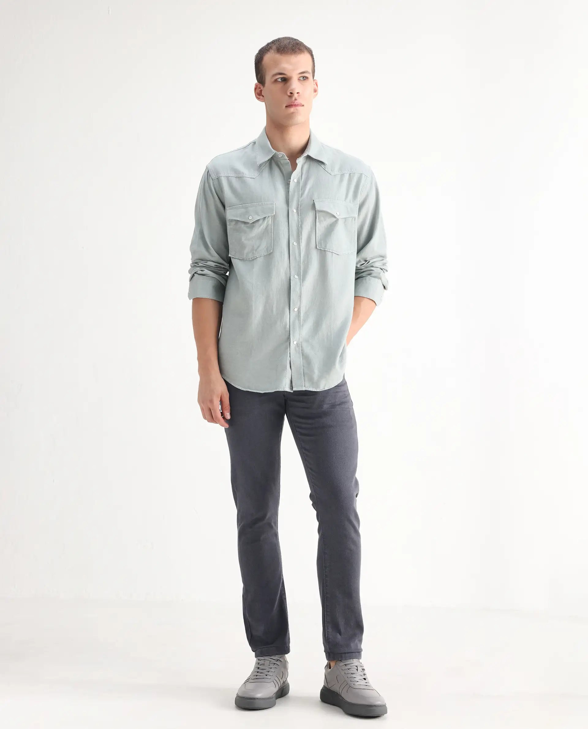 Rare Rabbit Men's Smok Grey Cotton Blend Plain Hawk Slim Fit Jeans