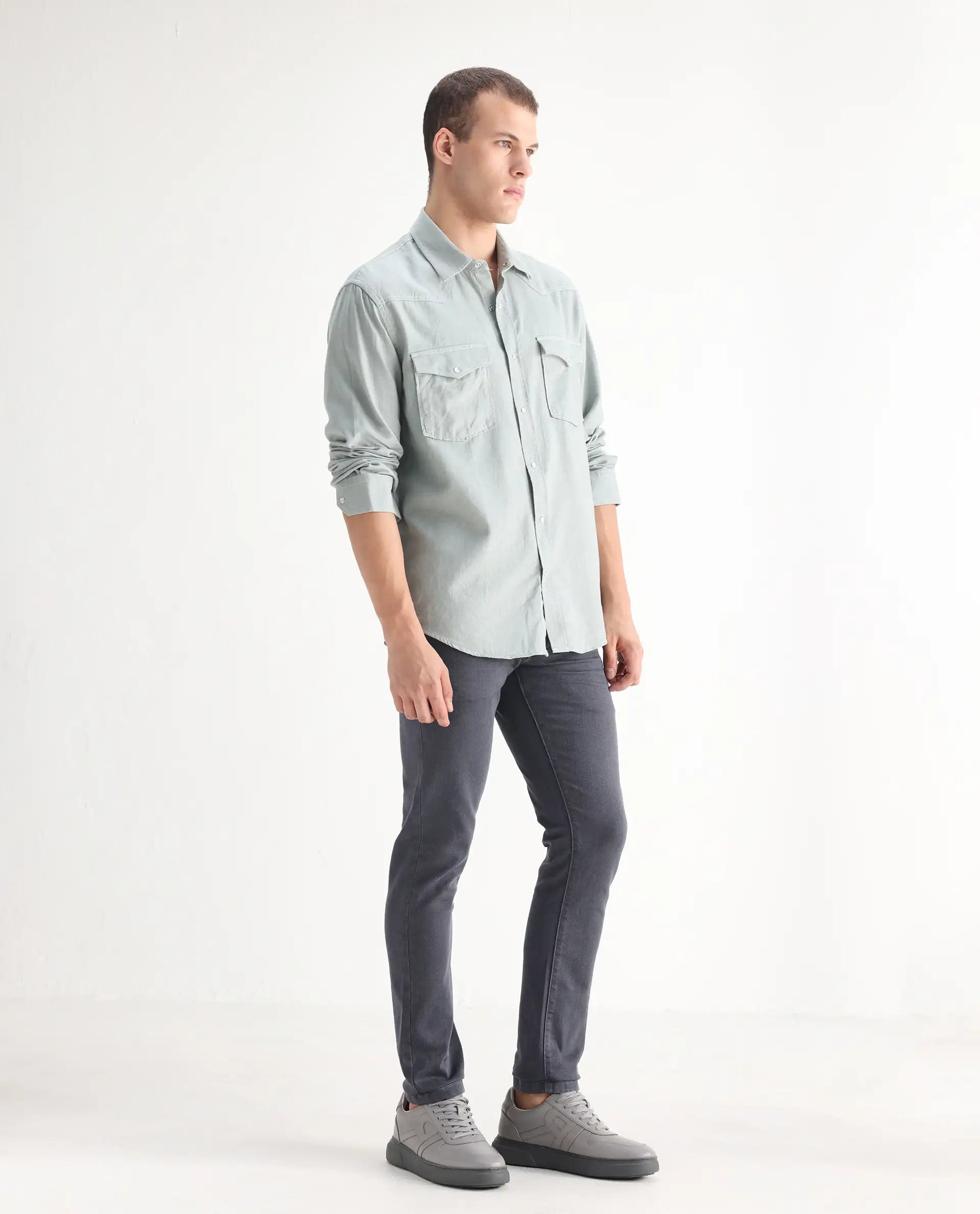 Rare Rabbit Men's Smok Grey Cotton Blend Plain Hawk Slim Fit Jeans