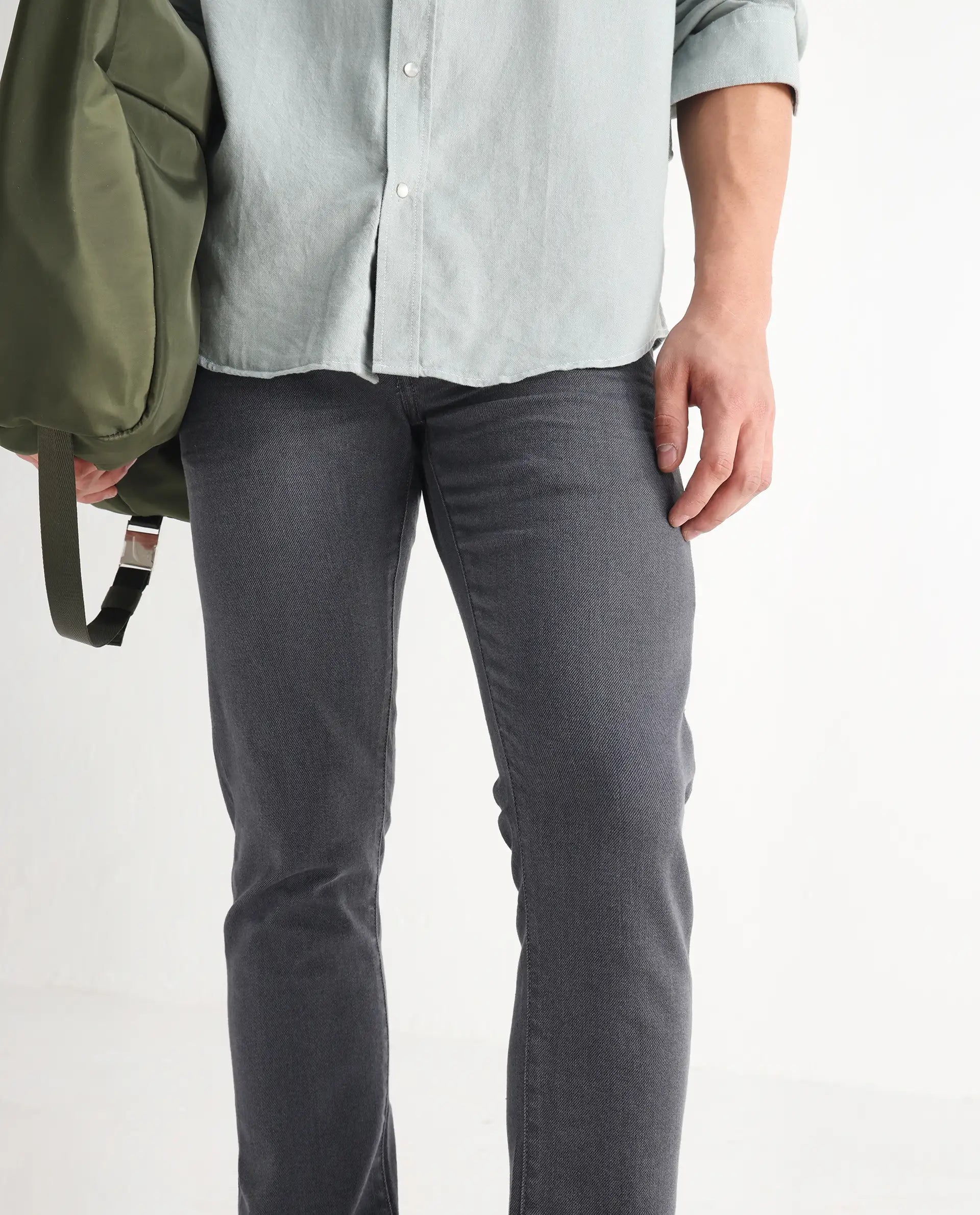 Rare Rabbit Men's Smok Grey Cotton Blend Plain Hawk Slim Fit Jeans
