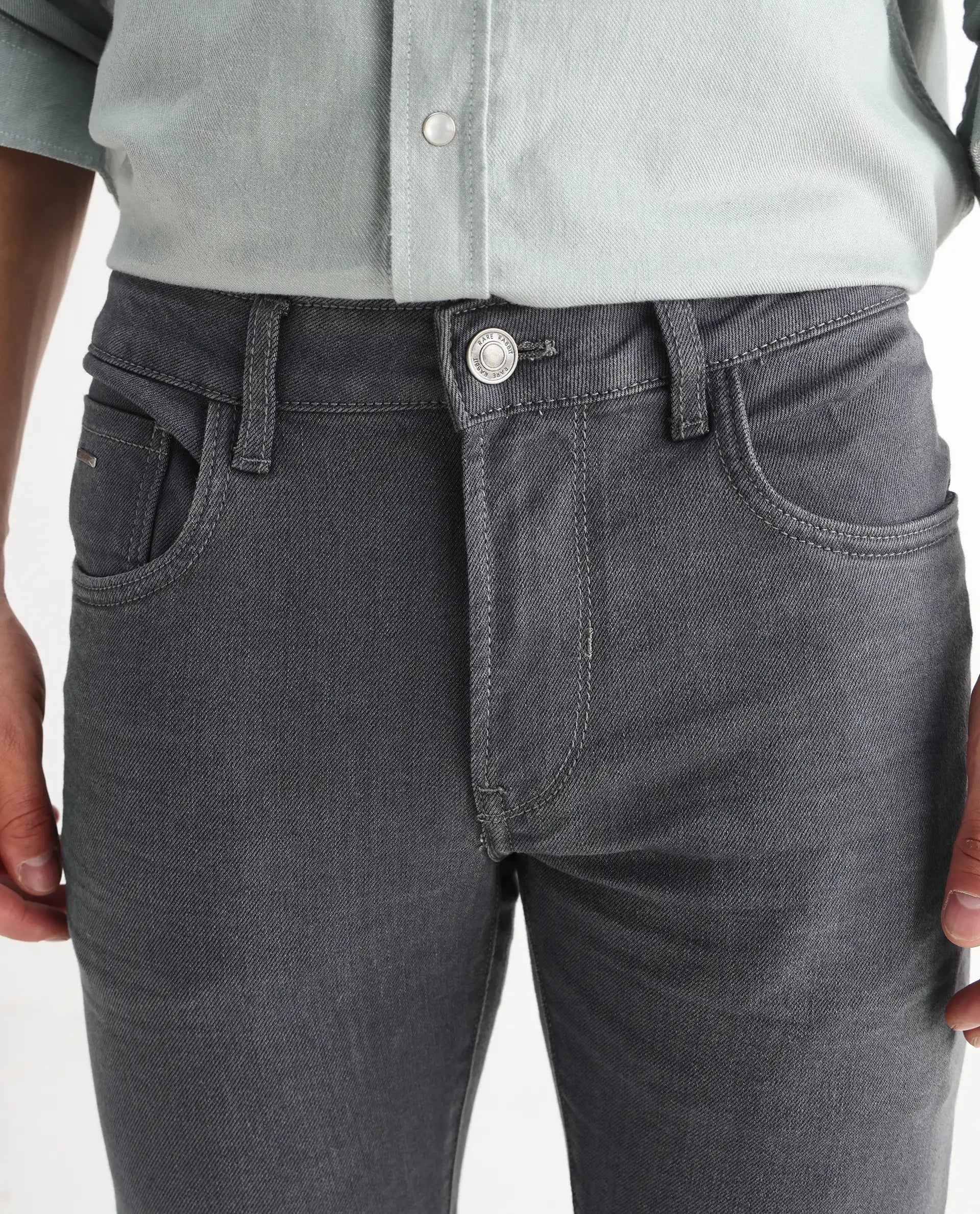 Rare Rabbit Men's Smok Grey Cotton Blend Plain Hawk Slim Fit Jeans