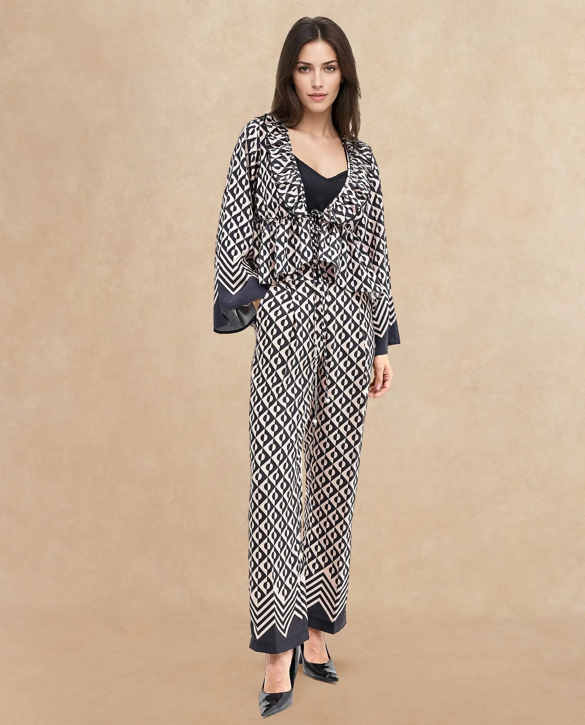 Rareism Women's Smor Black Viscose Blend Sweetheart Neck Geometric Print Bell Sleeve Regular Fit Top