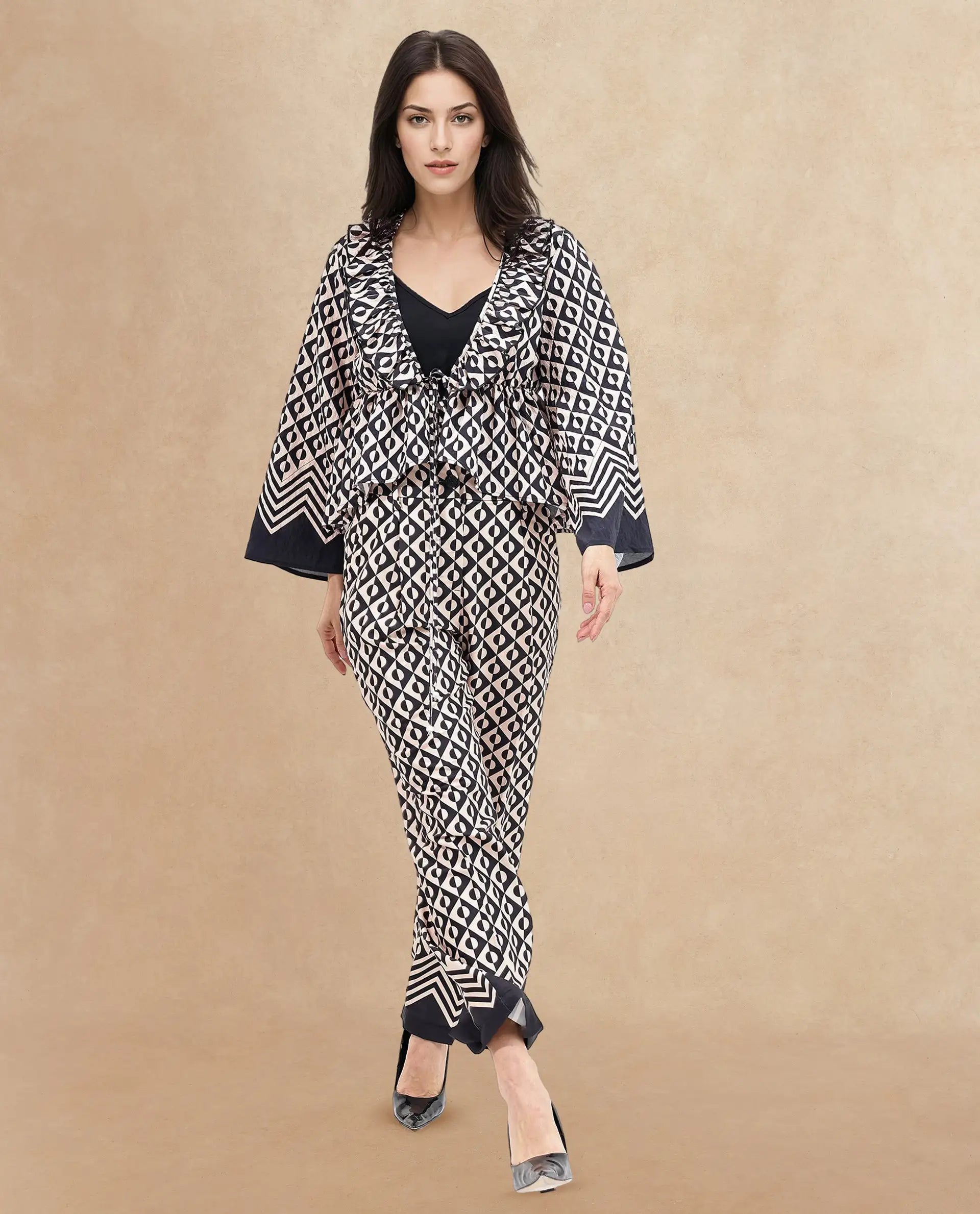 Rareism Women's Smor Black Viscose Blend Sweetheart Neck Geometric Print Bell Sleeve Regular Fit Top