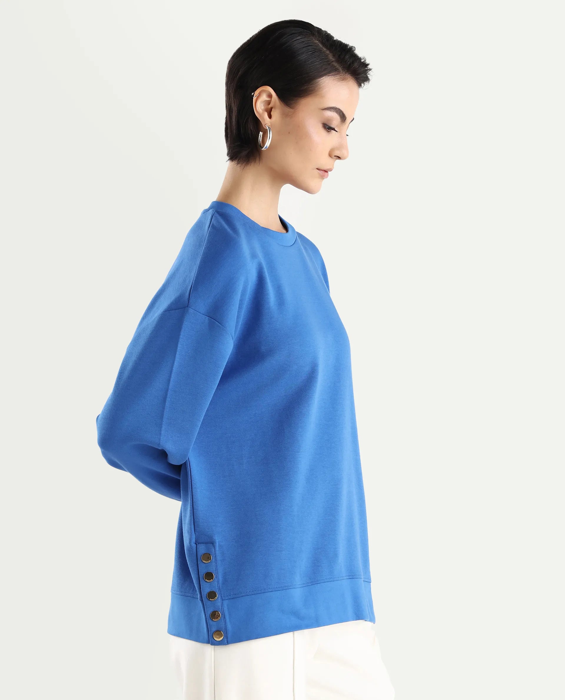 Rareism Women's Snappy Blue Cotton Blend Crew Neck Plain Relaxed Fit Sweatshirt