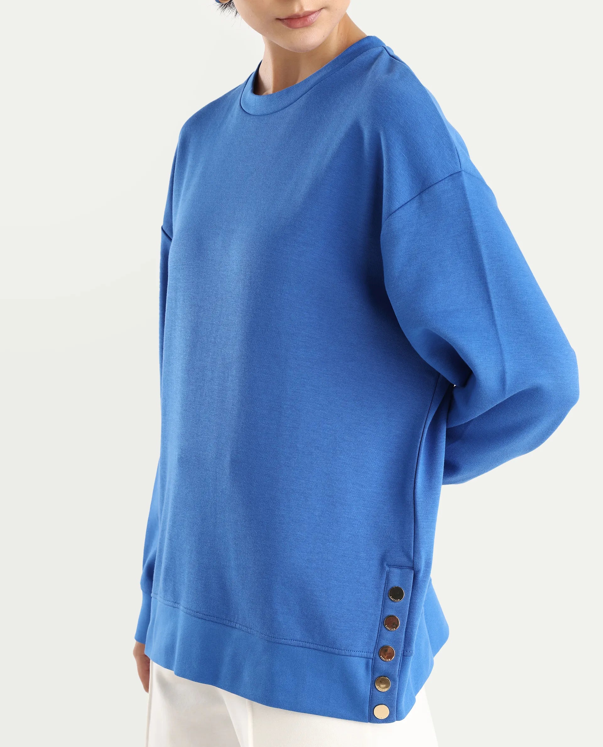 Rareism Women's Snappy Blue Cotton Blend Crew Neck Plain Relaxed Fit Sweatshirt