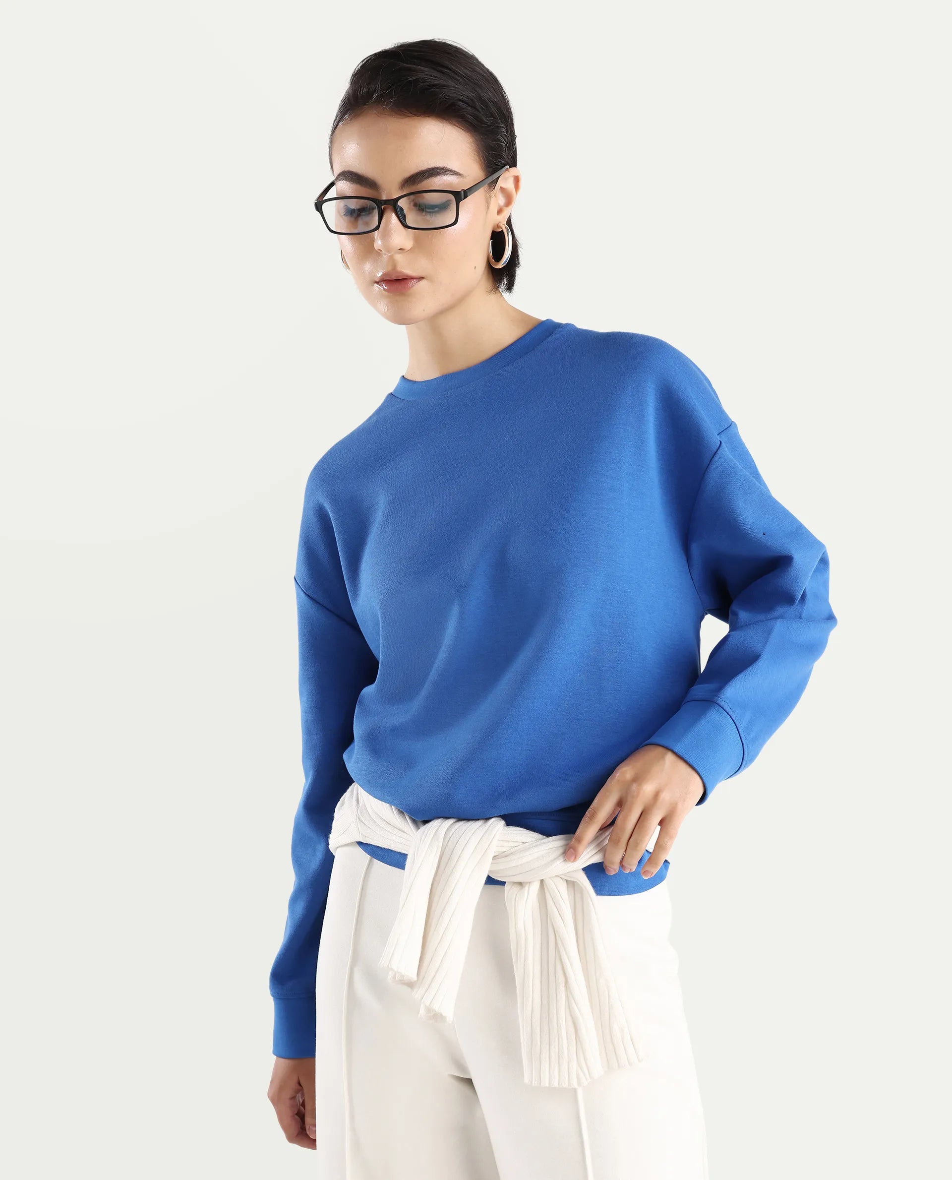 Rareism Women's Snappy Blue Cotton Blend Crew Neck Plain Relaxed Fit Sweatshirt