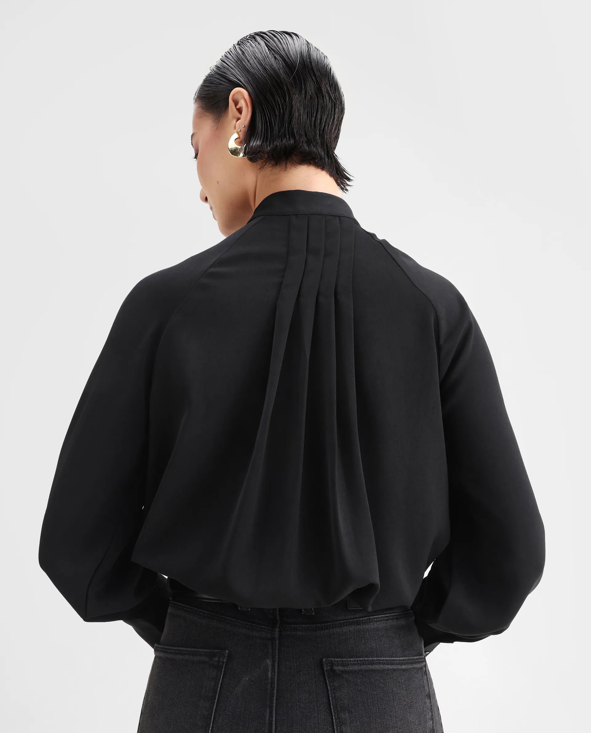 Rareism Women's Snera Black Polyester Blend Drop Collar Plain Cuffed Sleeve Regular Fit Top