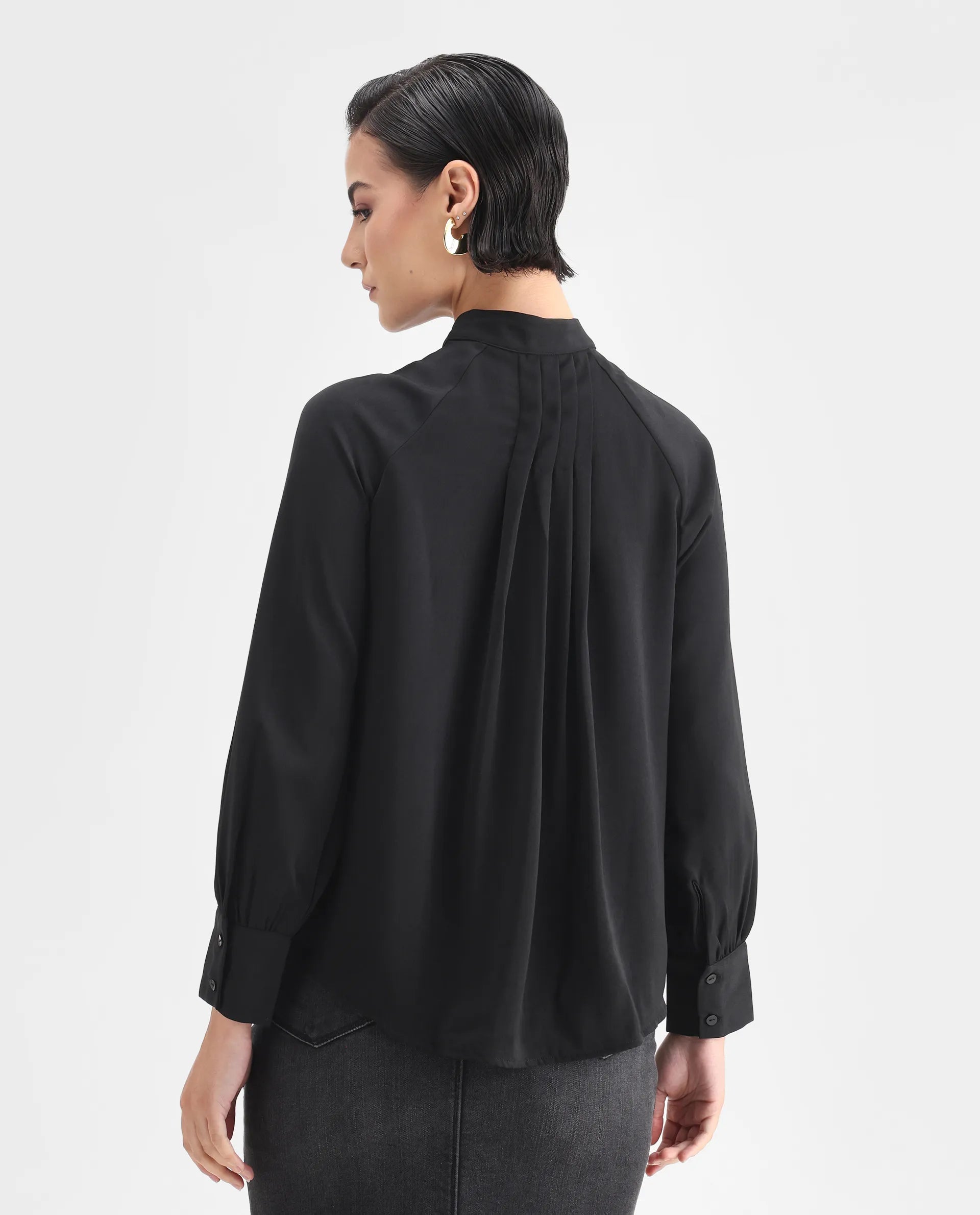 Rareism Women's Snera Black Polyester Blend Drop Collar Plain Cuffed Sleeve Regular Fit Top