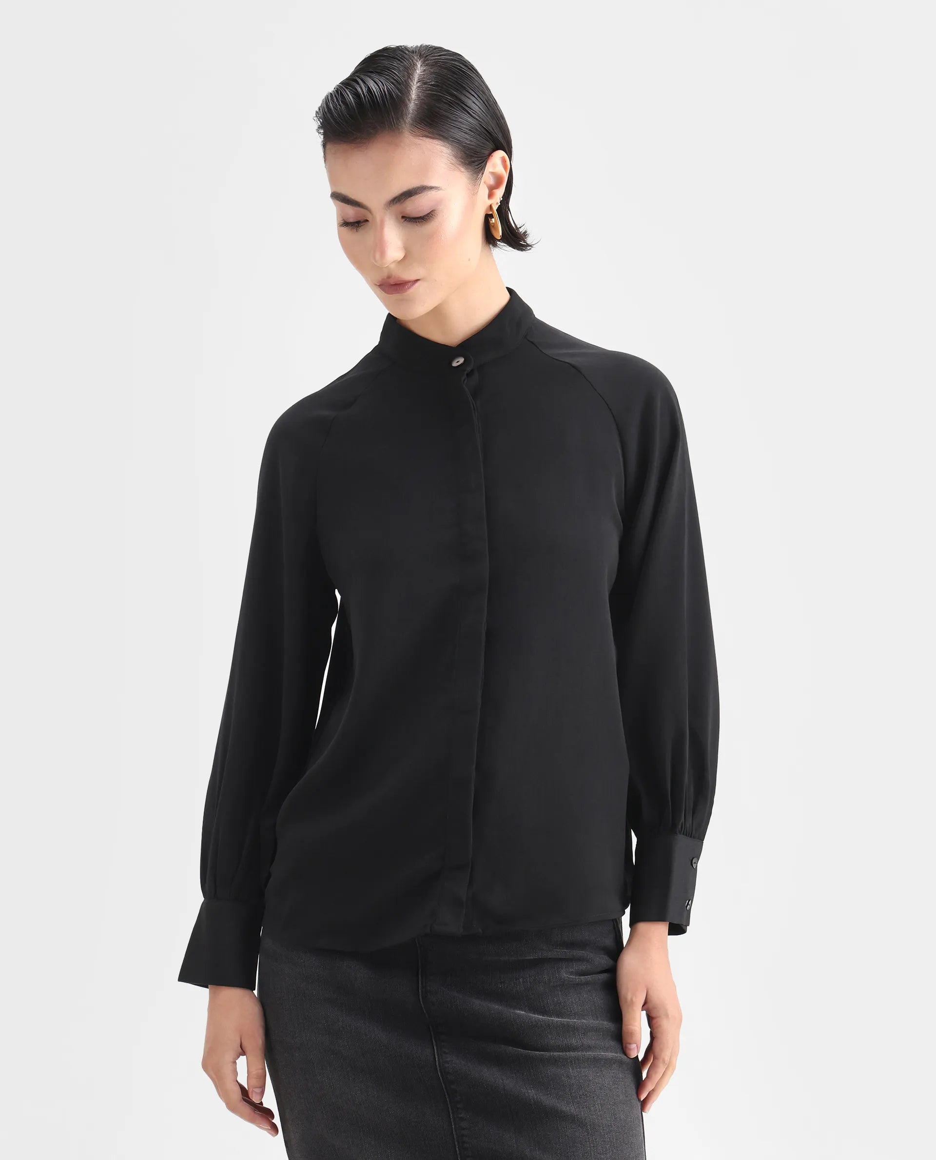 Rareism Women's Snera Black Polyester Blend Drop Collar Plain Cuffed Sleeve Regular Fit Top