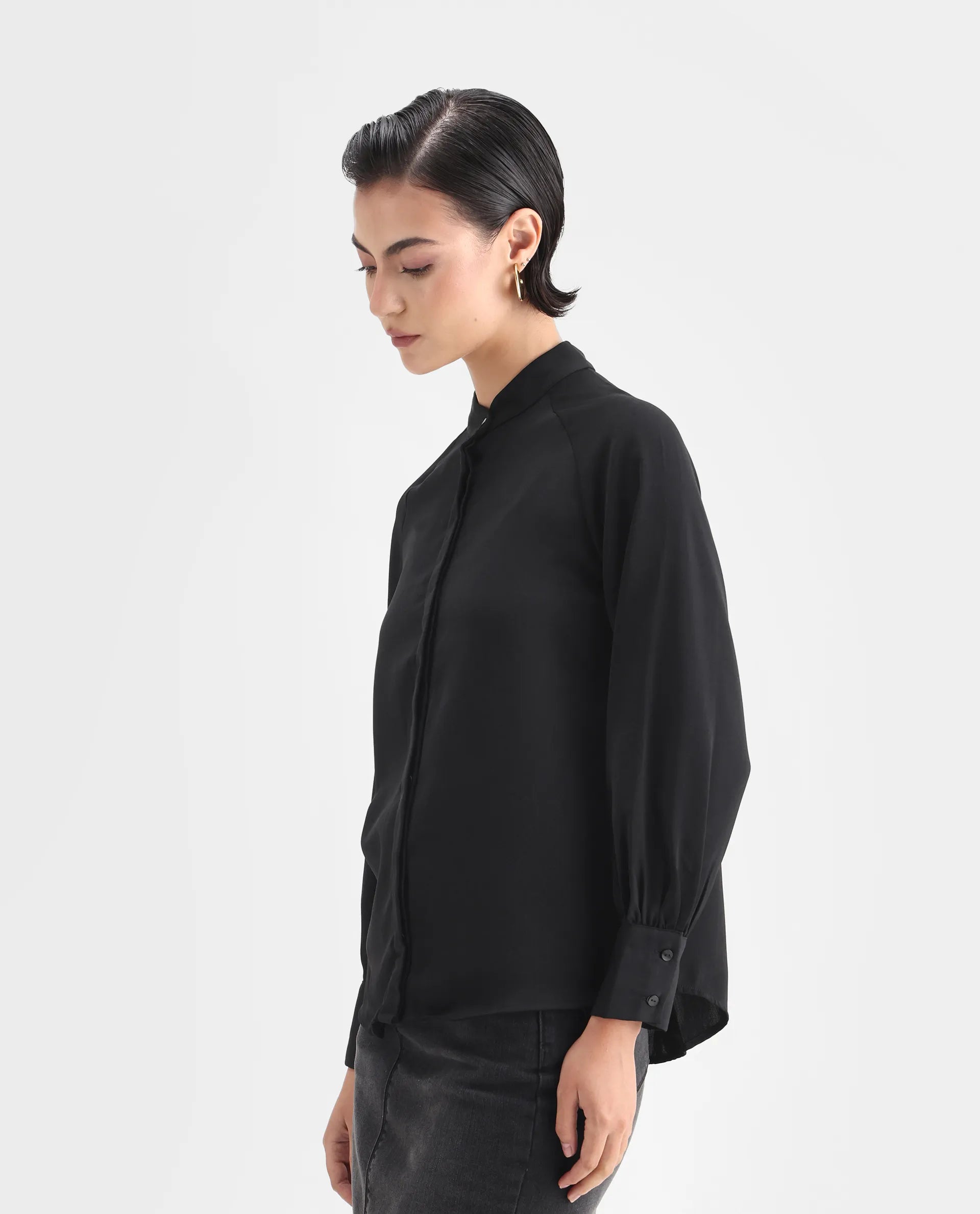 Rareism Women's Snera Black Polyester Blend Drop Collar Plain Cuffed Sleeve Regular Fit Top
