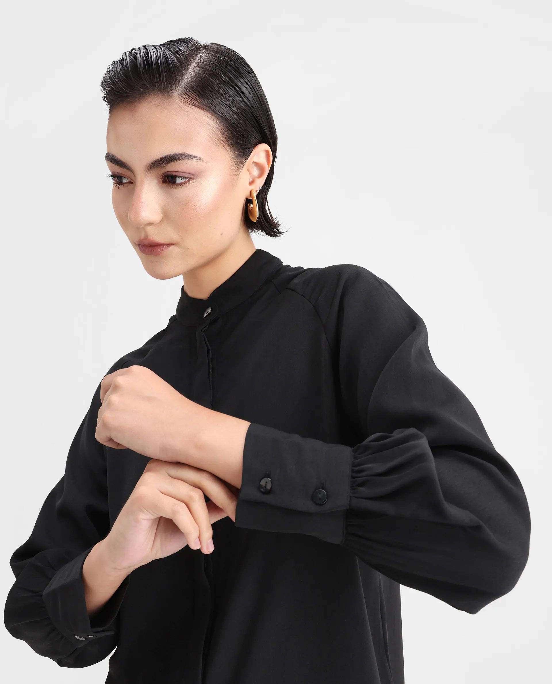 Rareism Women's Snera Black Polyester Blend Drop Collar Plain Cuffed Sleeve Regular Fit Top