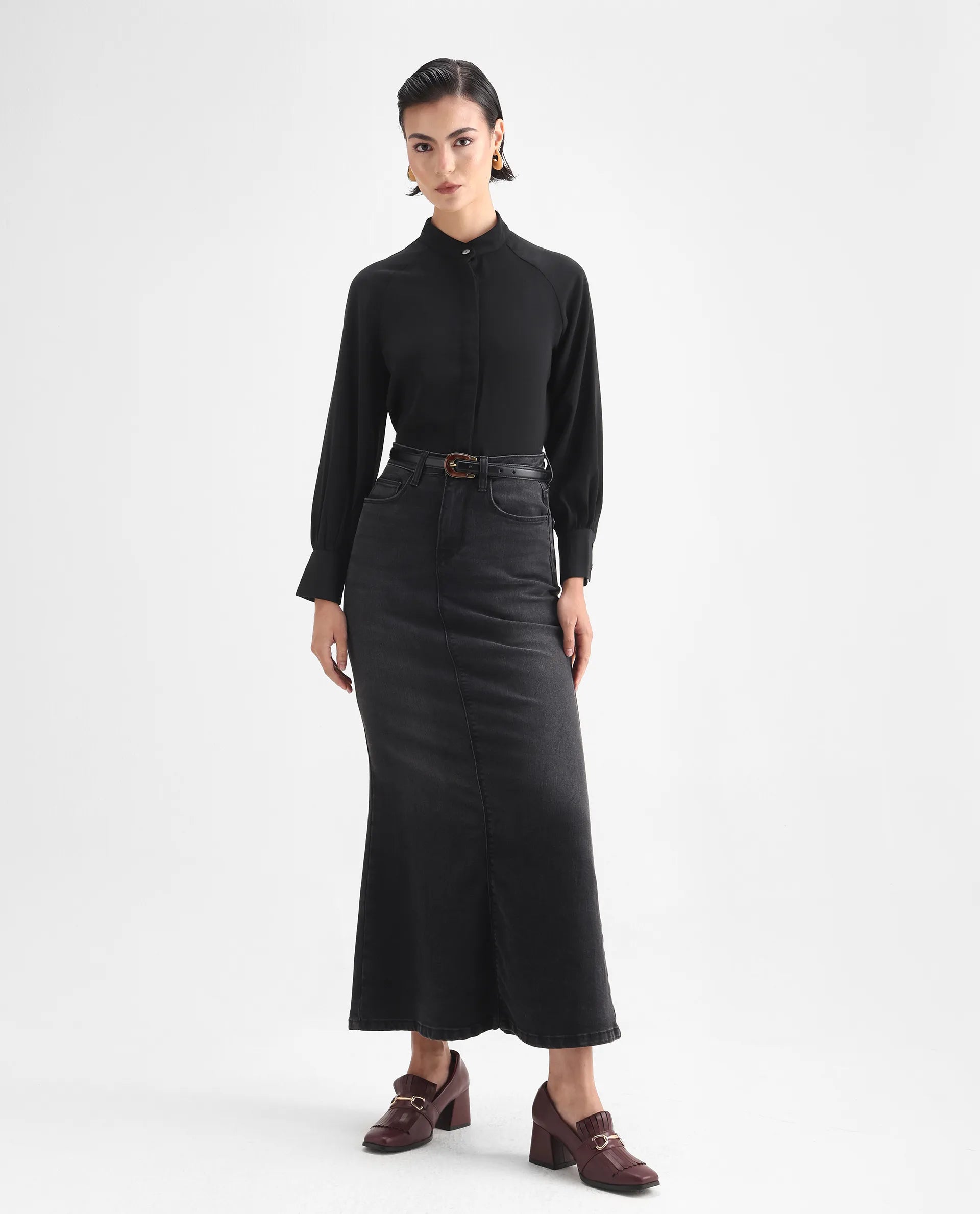 Rareism Women's Snera Black Polyester Blend Drop Collar Plain Cuffed Sleeve Regular Fit Top