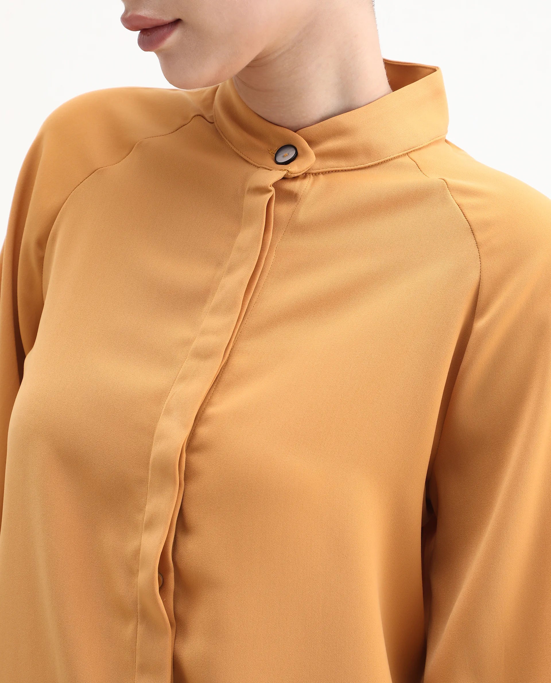 Rareism Women's Snera Yellow Polyester Blend Drop Collar Plain Cuffed Sleeve Regular Fit Top