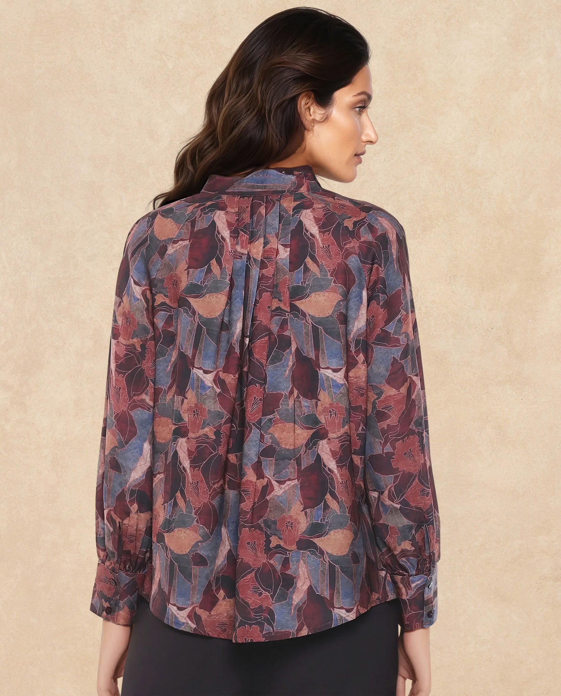 Rareism Women Snery Dark Multi Polyester Fabric Cuffed Sleeve Collared Neck Button Closure Floral Print Top