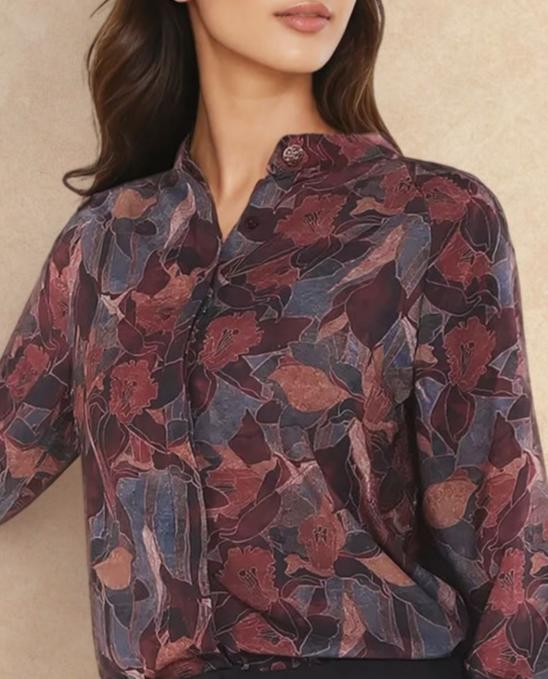 Rareism Women Snery Dark Multi Polyester Fabric Cuffed Sleeve Collared Neck Button Closure Floral Print Top