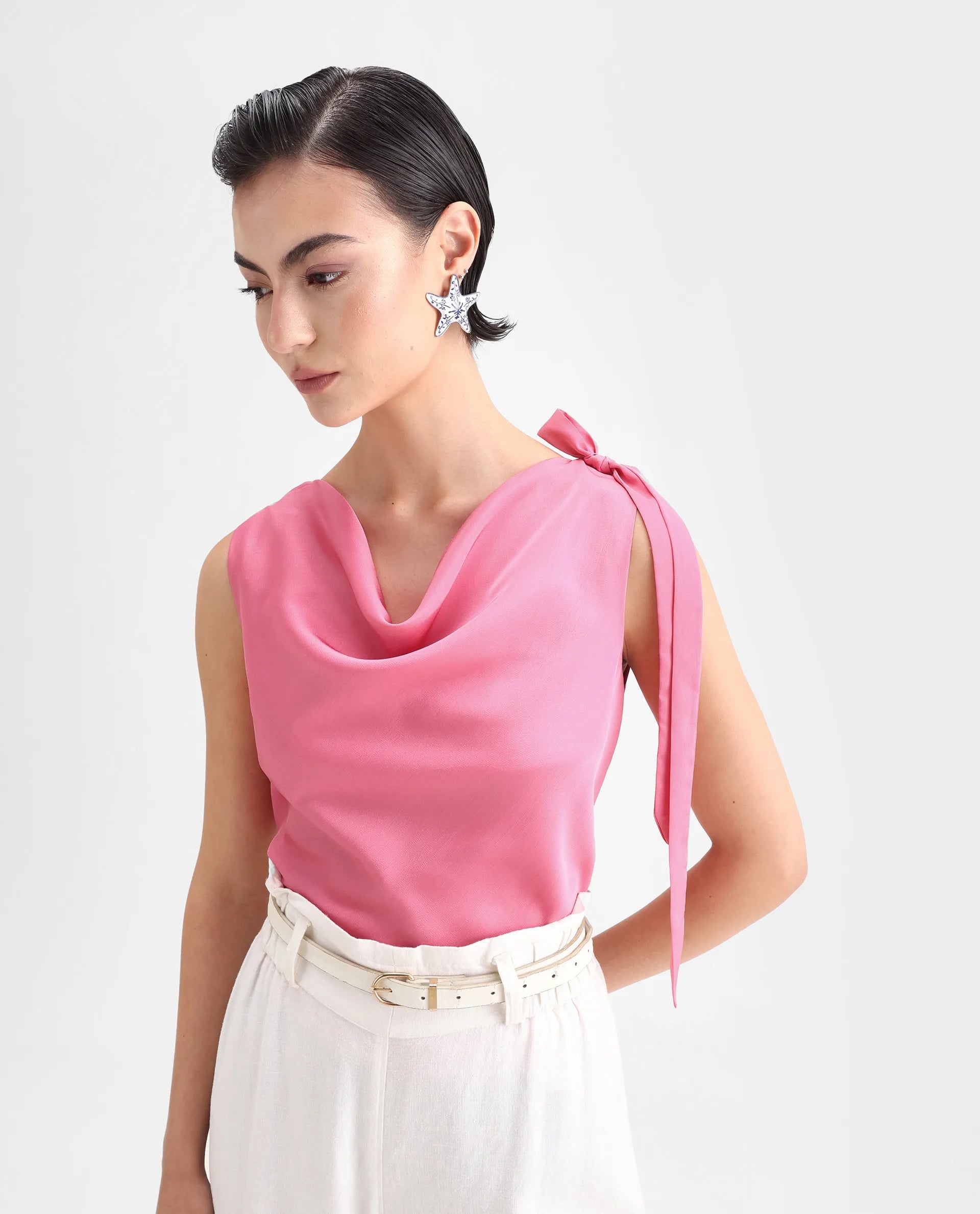 Rareism Women's Snicketti Pink Satin Cowl Neck Plain Sleeveless Regular Fit Top