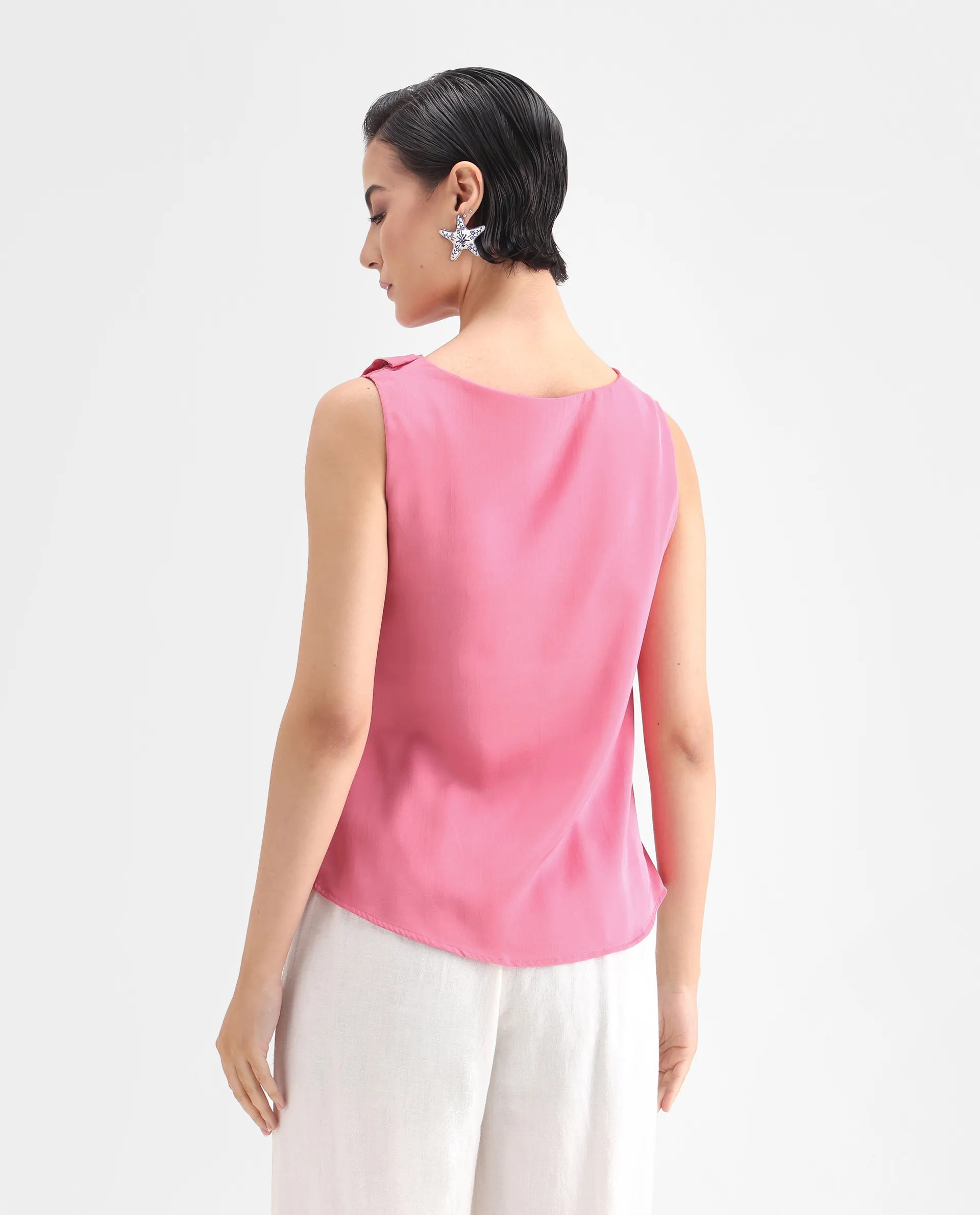 Rareism Women's Snicketti Pink Satin Cowl Neck Plain Sleeveless Regular Fit Top