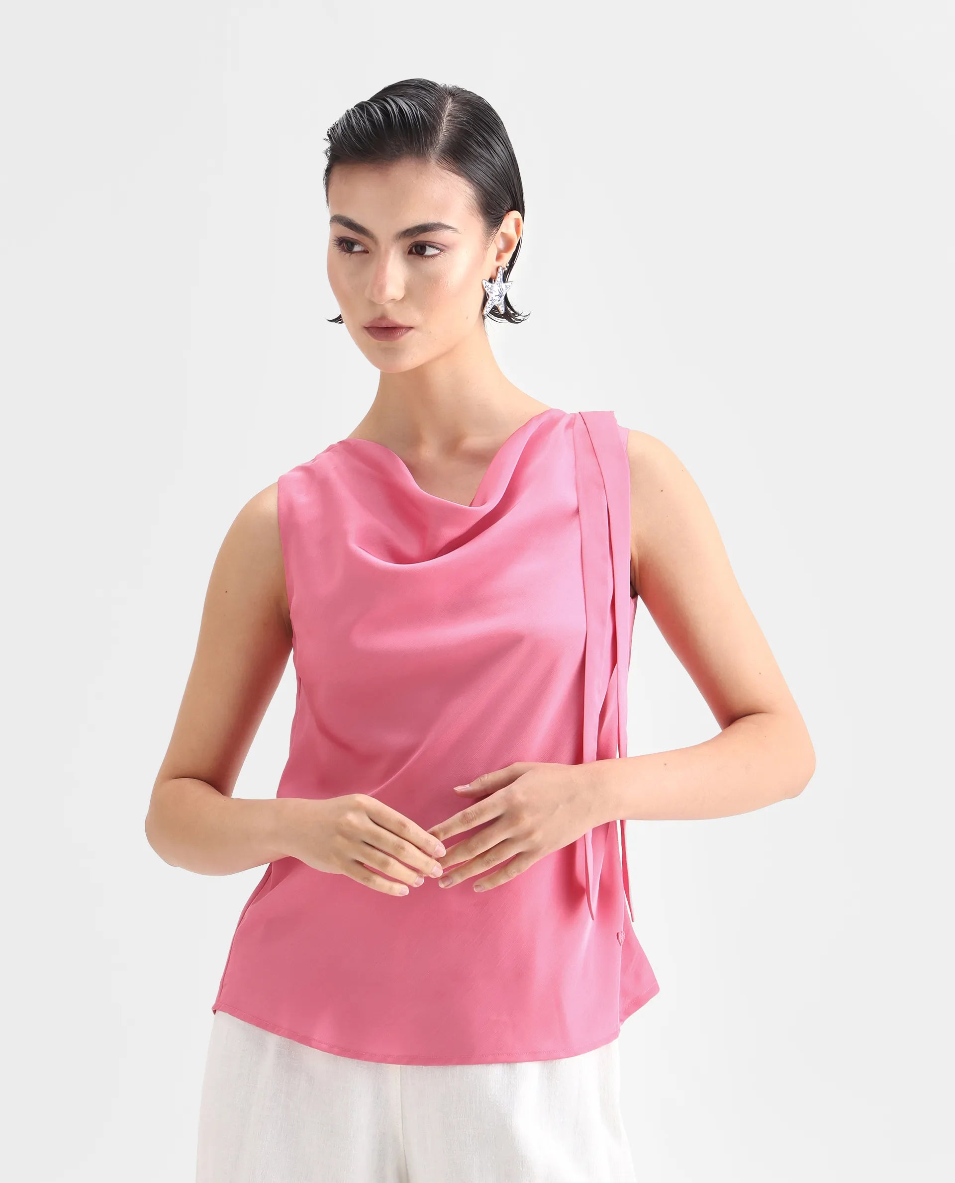 Rareism Women's Snicketti Pink Satin Cowl Neck Plain Sleeveless Regular Fit Top
