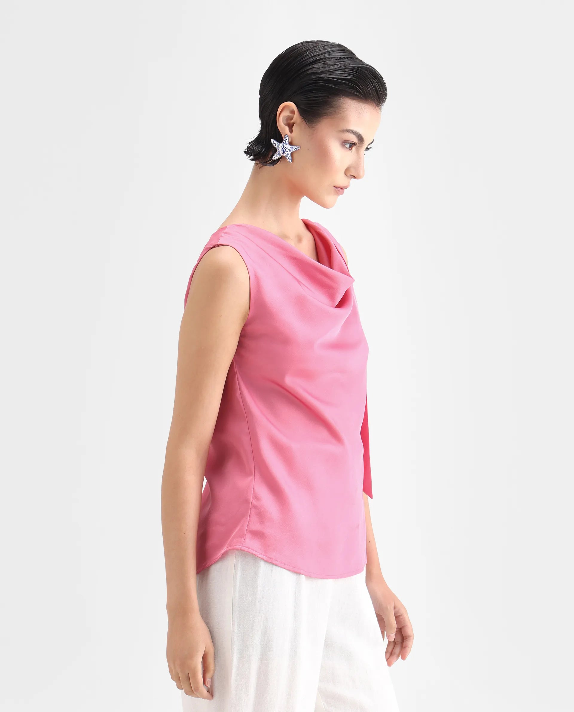 Rareism Women's Snicketti Pink Satin Cowl Neck Plain Sleeveless Regular Fit Top