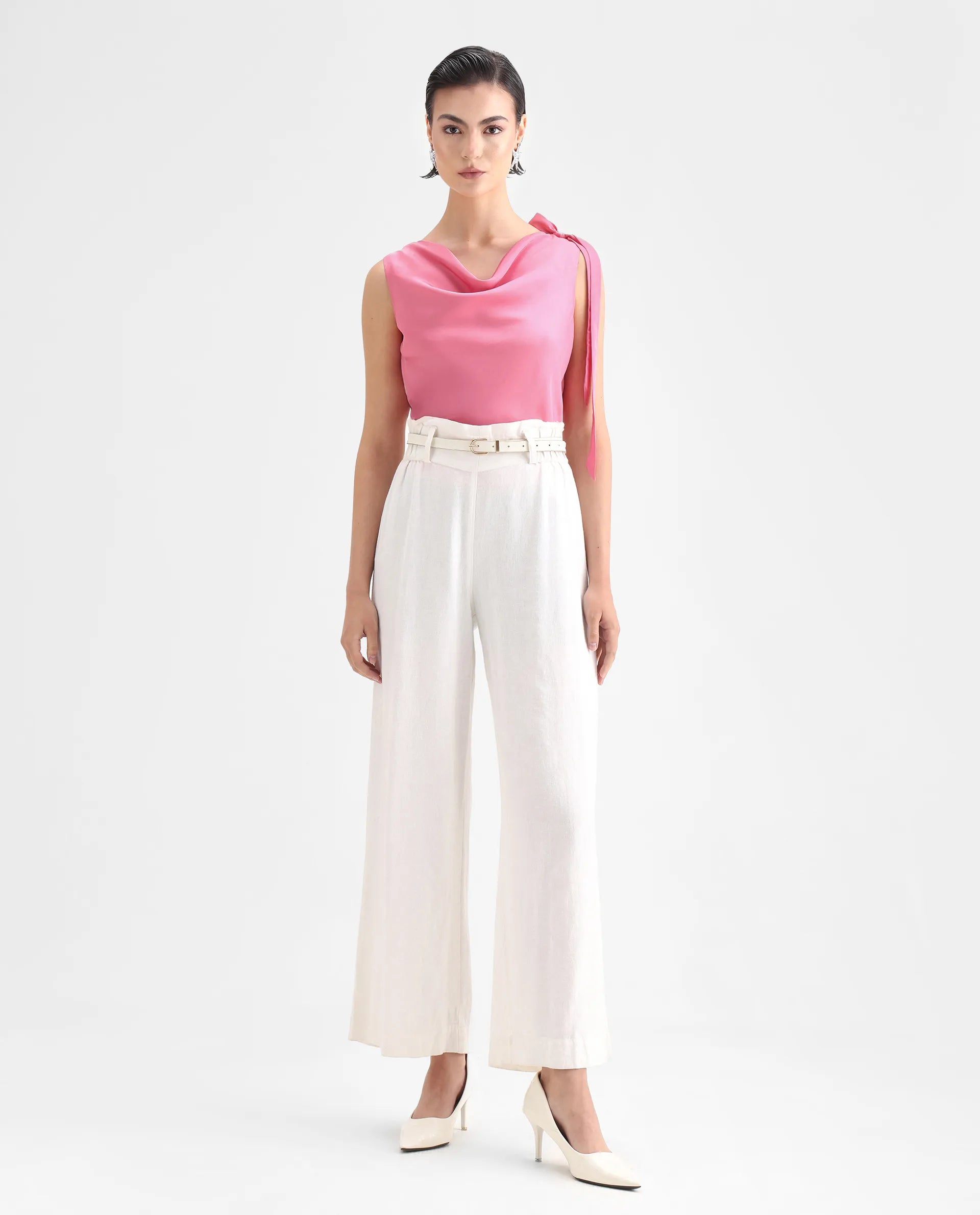 Rareism Women's Snicketti Pink Satin Cowl Neck Plain Sleeveless Regular Fit Top