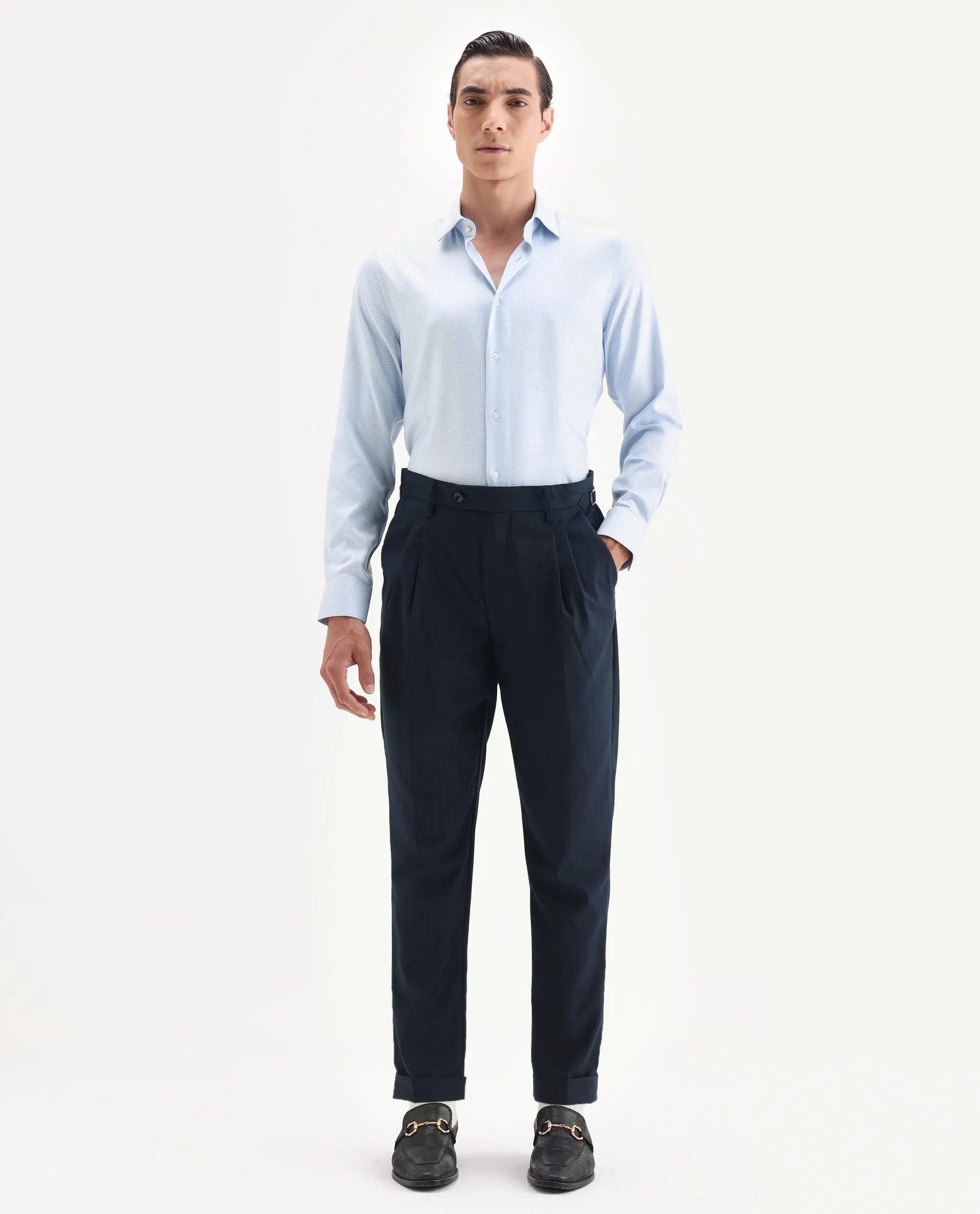 Rare Rabbit Men's Socs Blue Cotton Fabric Full Sleeve Regular Fit Jacquard Shirt