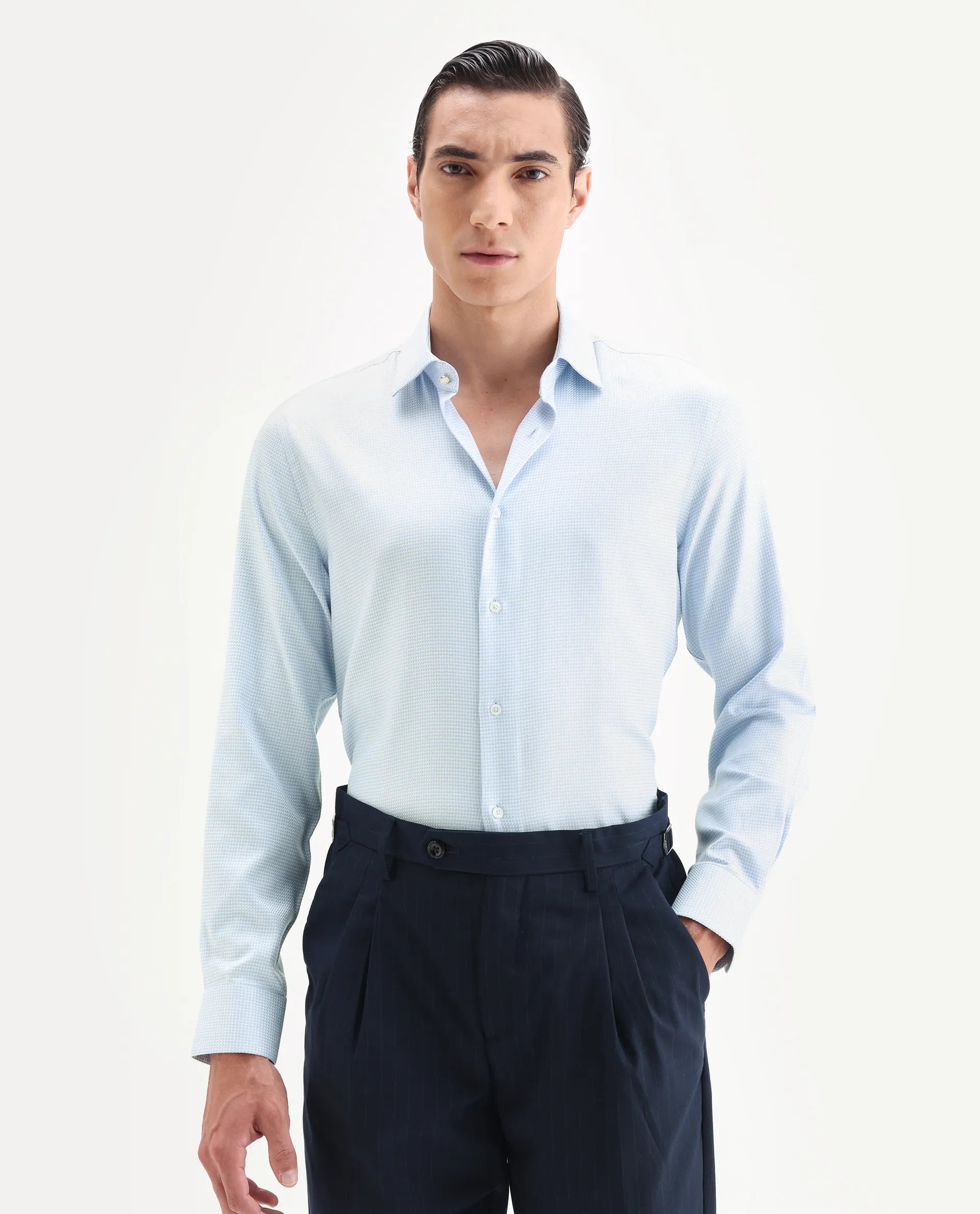 Rare Rabbit Men's Socs Blue Cotton Fabric Full Sleeve Regular Fit Jacquard Shirt