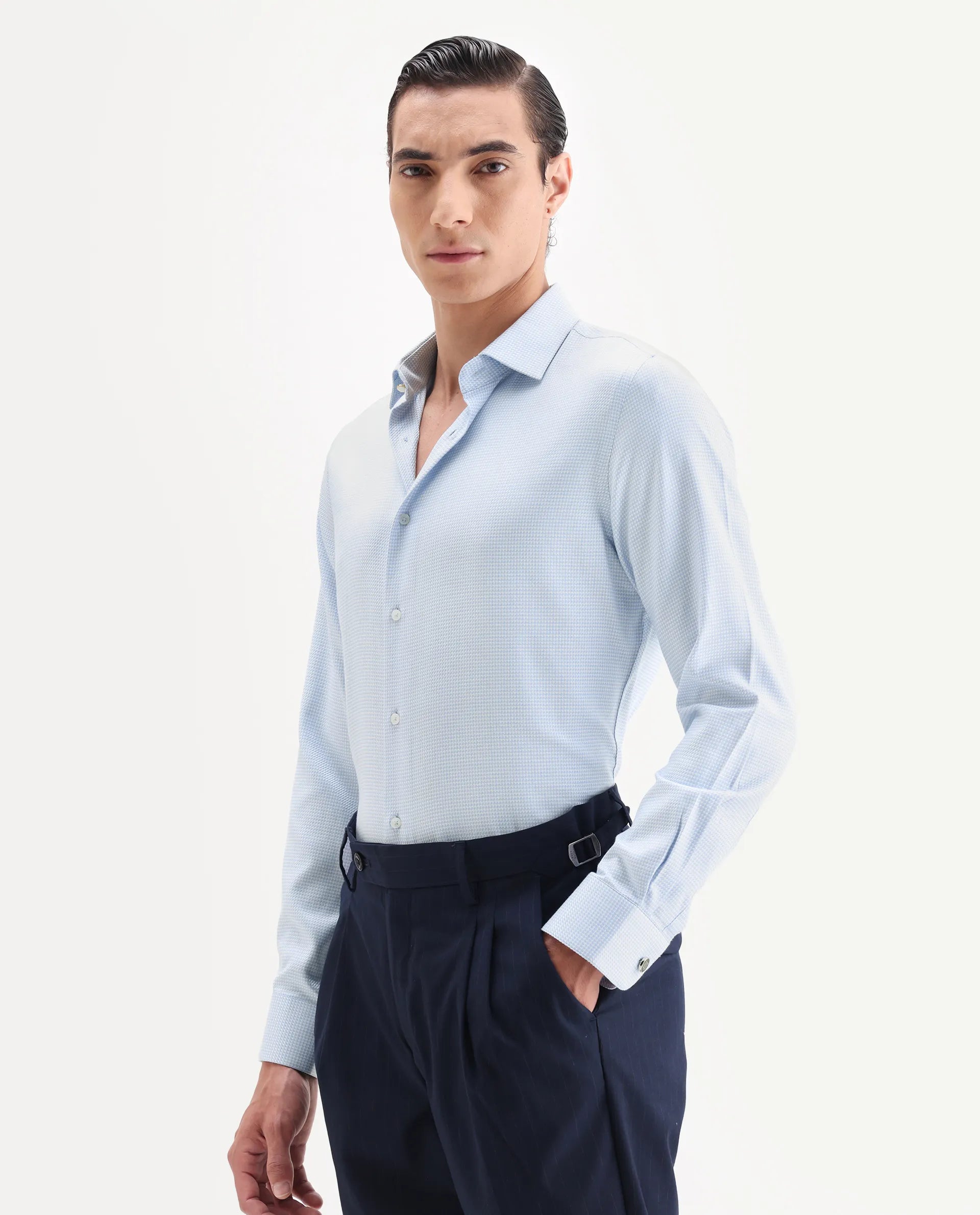 Rare Rabbit Men's Socs Blue Cotton Fabric Full Sleeve Regular Fit Jacquard Shirt