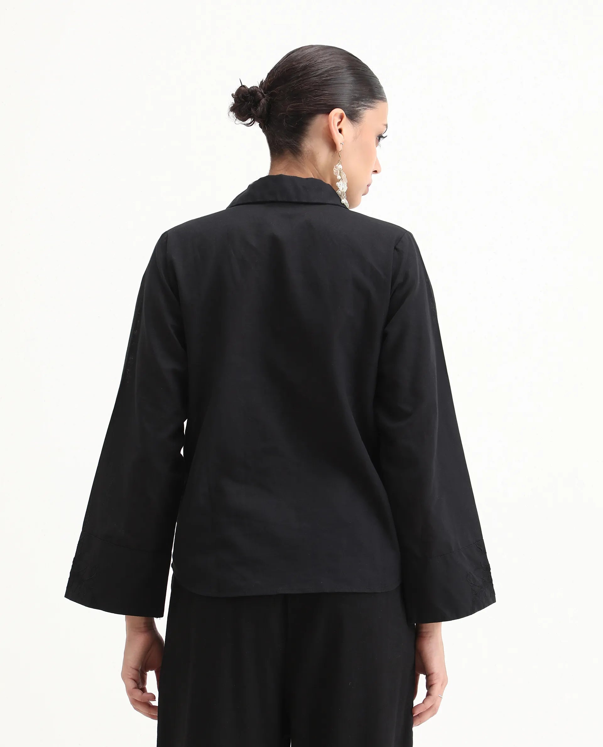 Rareism Women's Sofian Black Cotton Blend Drop Collar Plain Bell Sleeve Relaxed Fit Top