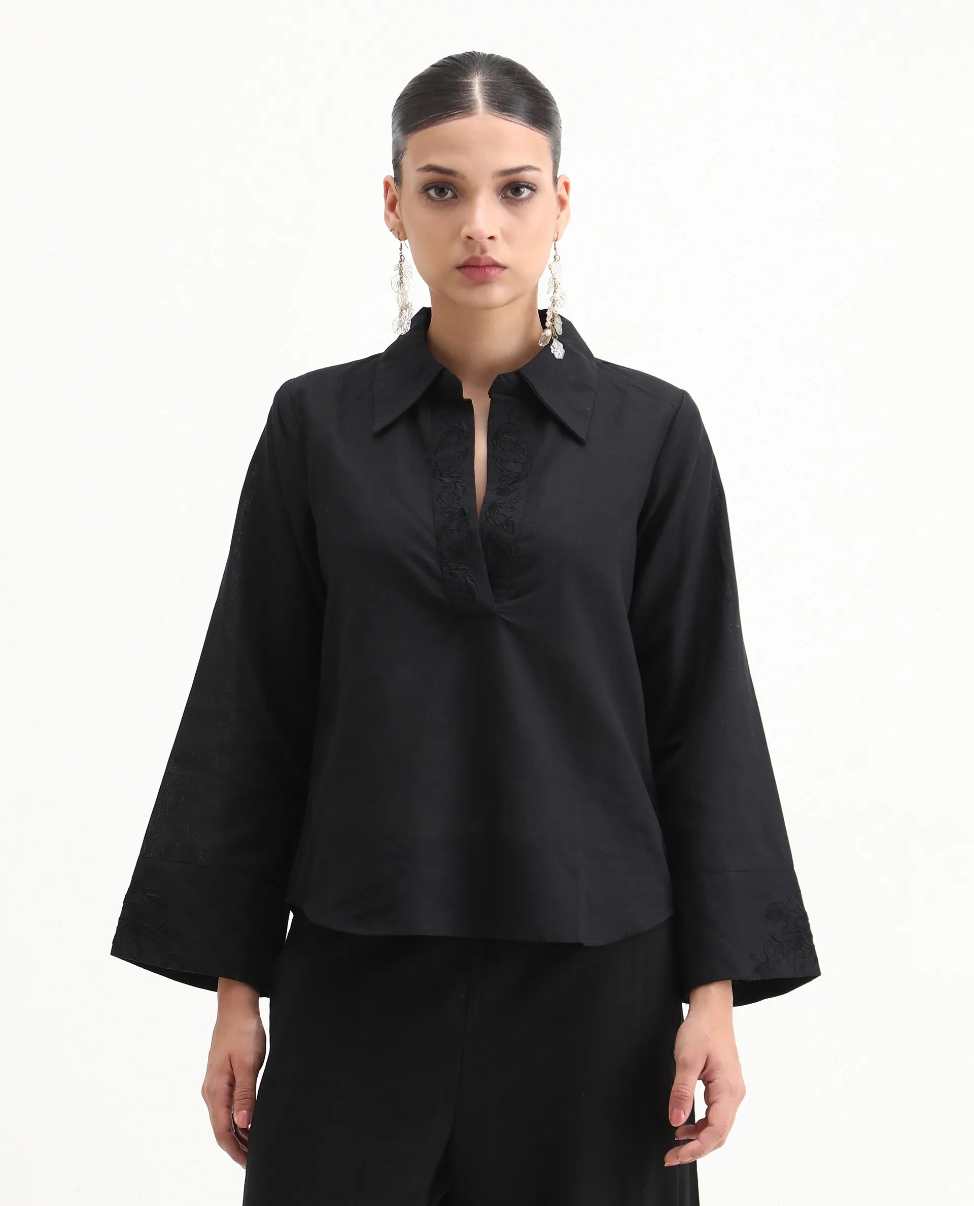 Rareism Women's Sofian Black Cotton Blend Drop Collar Plain Bell Sleeve Relaxed Fit Top