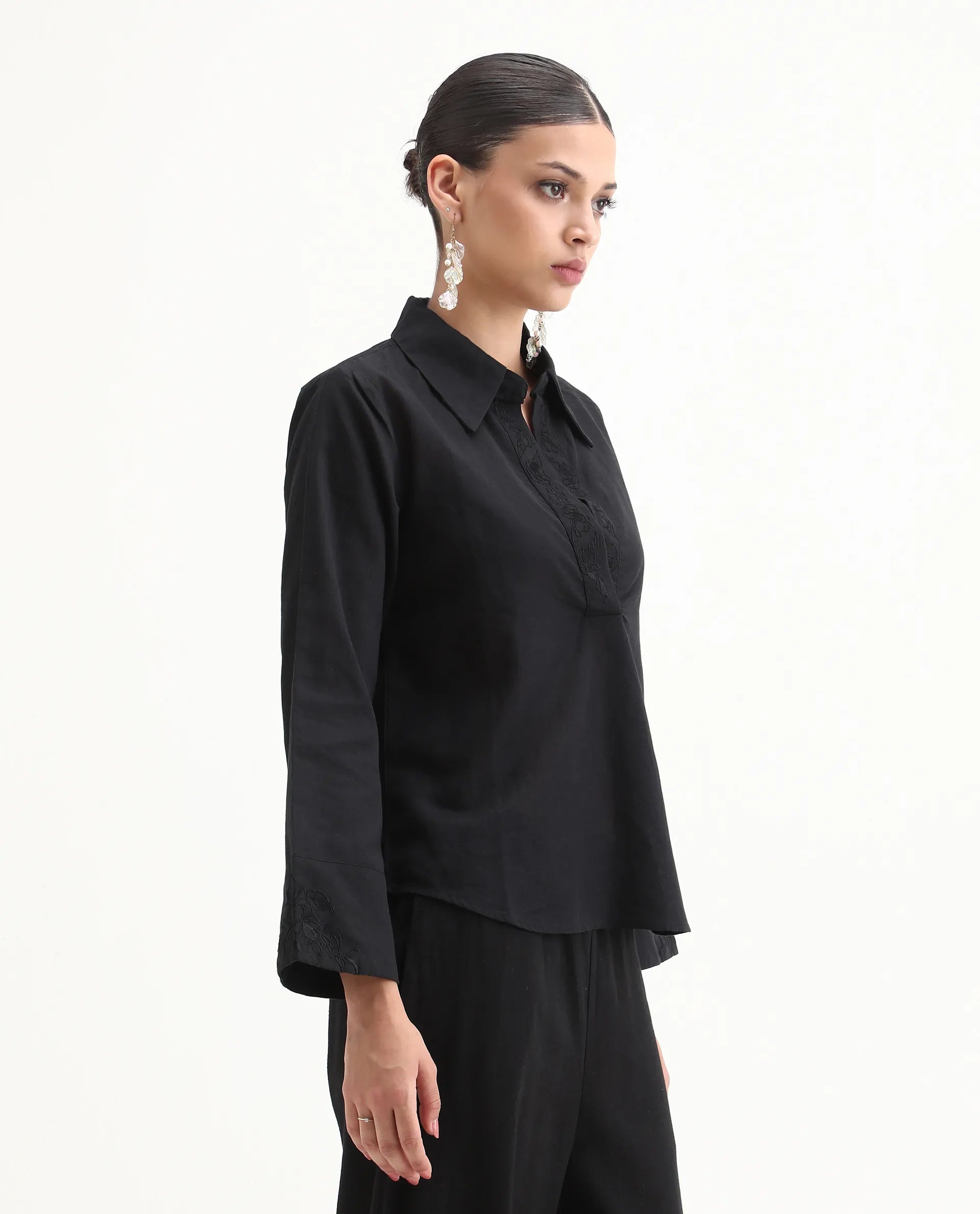 Rareism Women's Sofian Black Cotton Blend Drop Collar Plain Bell Sleeve Relaxed Fit Top