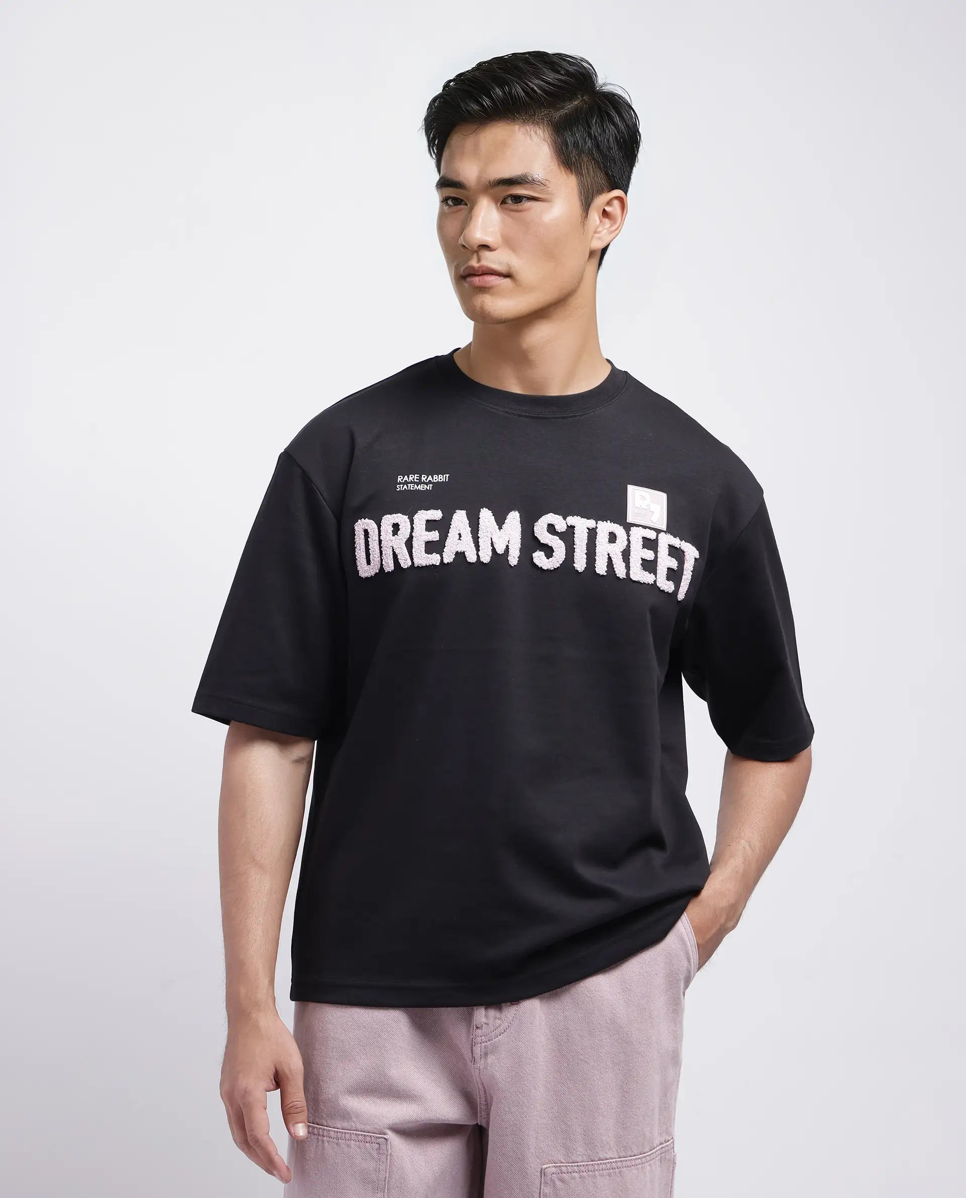 Rare Rabbit Men Soin Black Cotton Poly Fabric Short Sleeve Oversized Fit Graphic Print T-Shirt