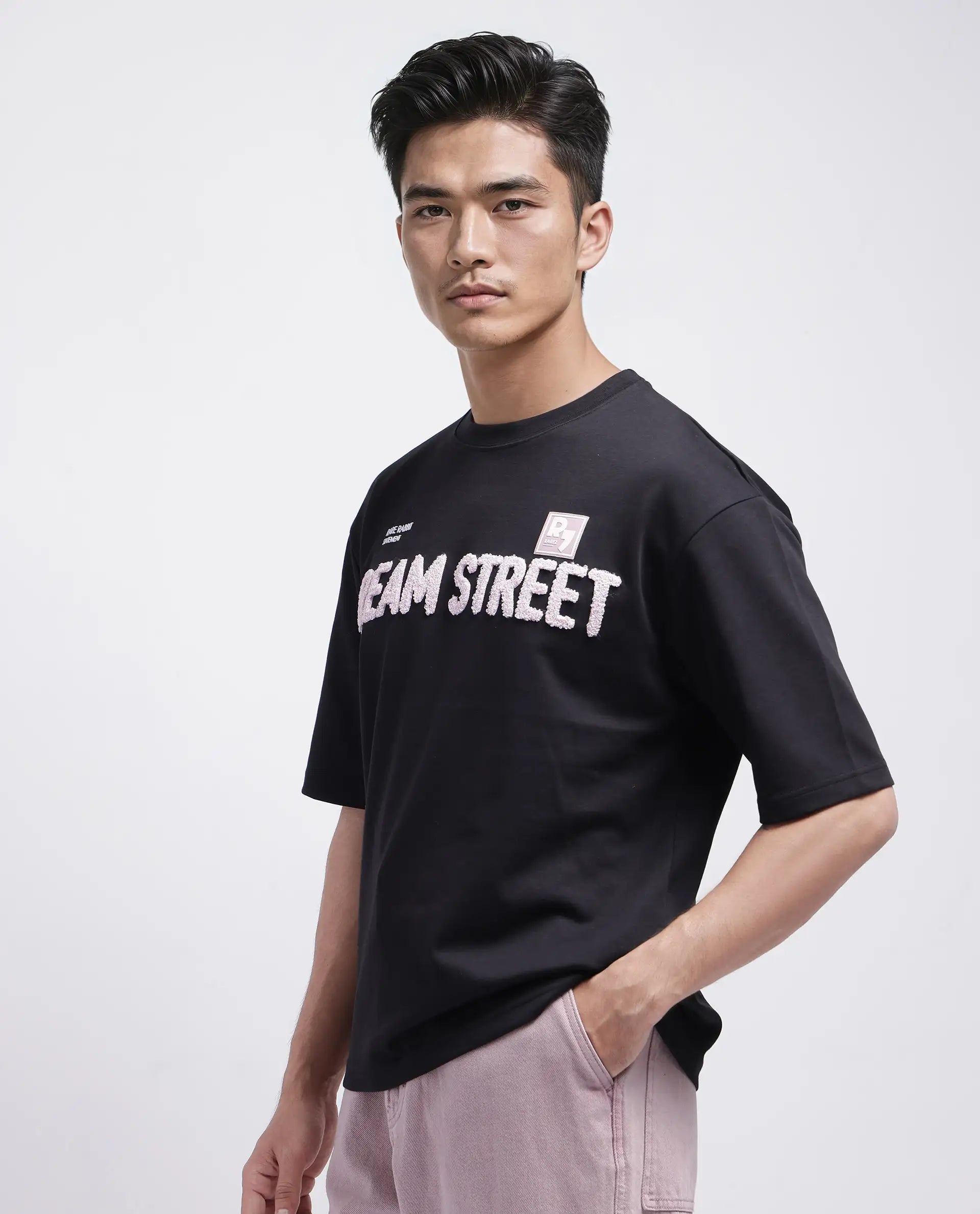 Rare Rabbit Men Soin Black Cotton Poly Fabric Short Sleeve Oversized Fit Graphic Print T-Shirt
