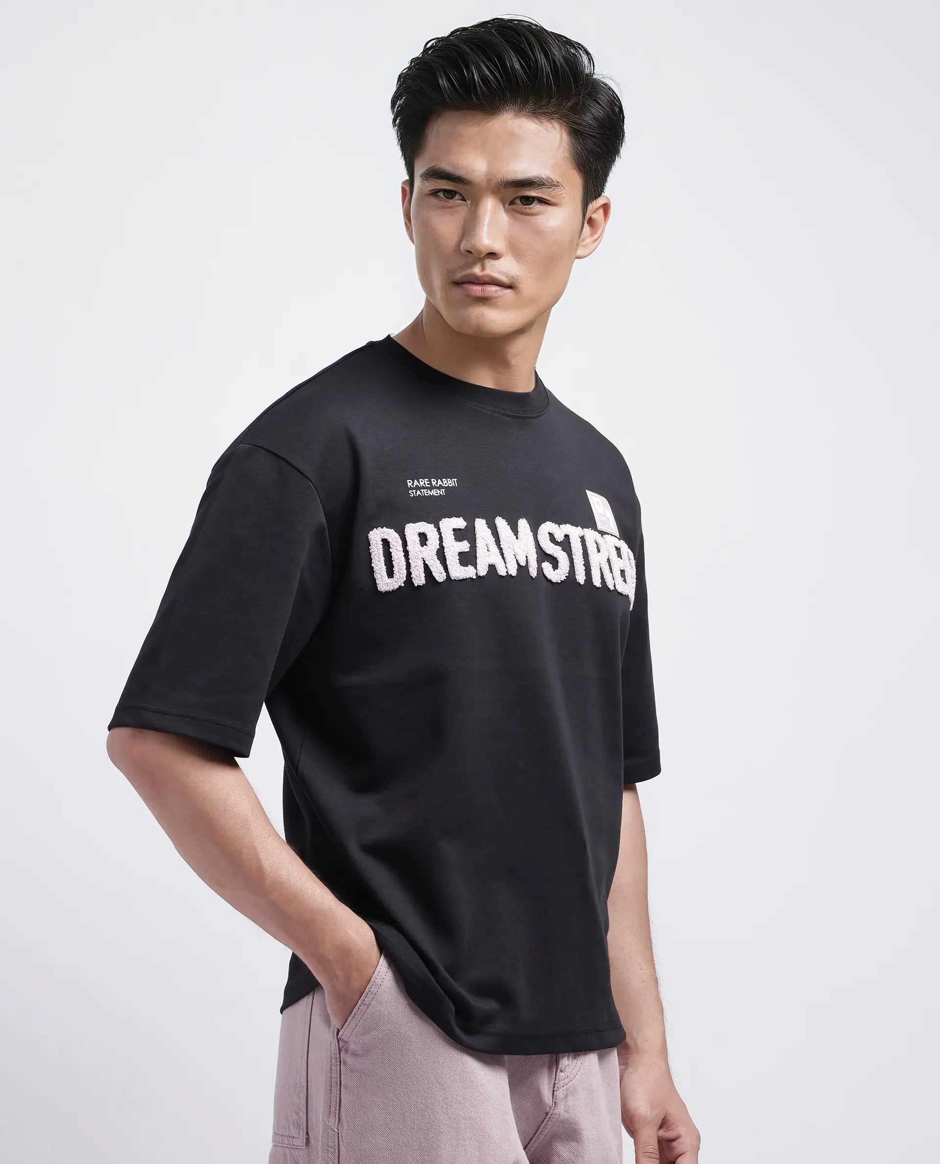 Rare Rabbit Men Soin Black Cotton Poly Fabric Short Sleeve Oversized Fit Graphic Print T-Shirt